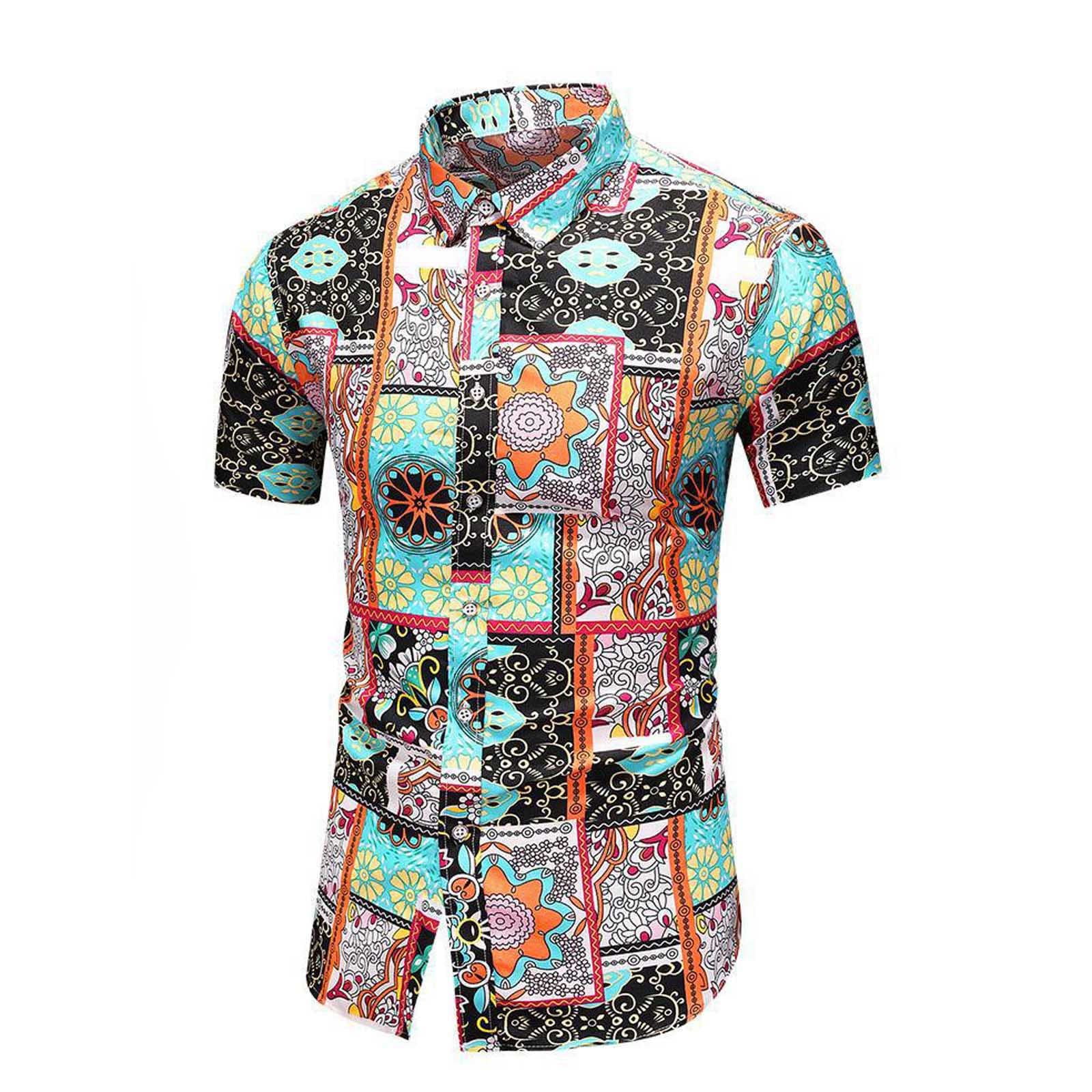 Men's Short Sleeve Hawaiian Shirt - Button Up Beach Shirt with Stand Collar & Tropical Print | Perfect for Summer Vacation, Luau Party & Casual Wear