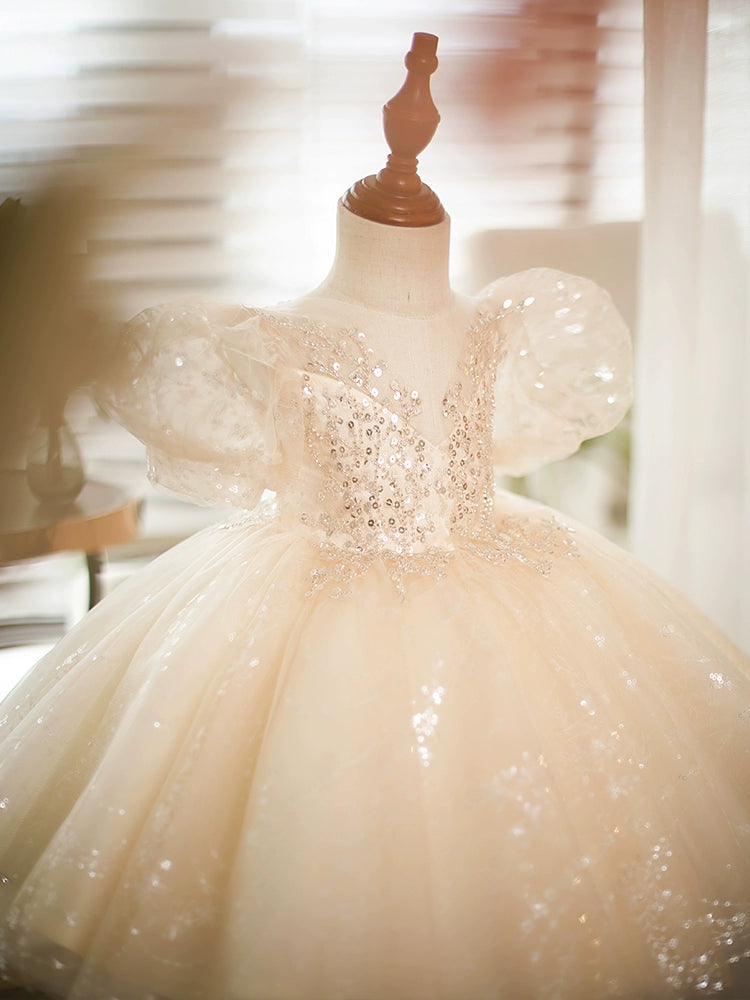 Champagne Princess Round Tea Length Sequined Flower Girl Dress for Weddings, Bridal Party, and Special Occasions