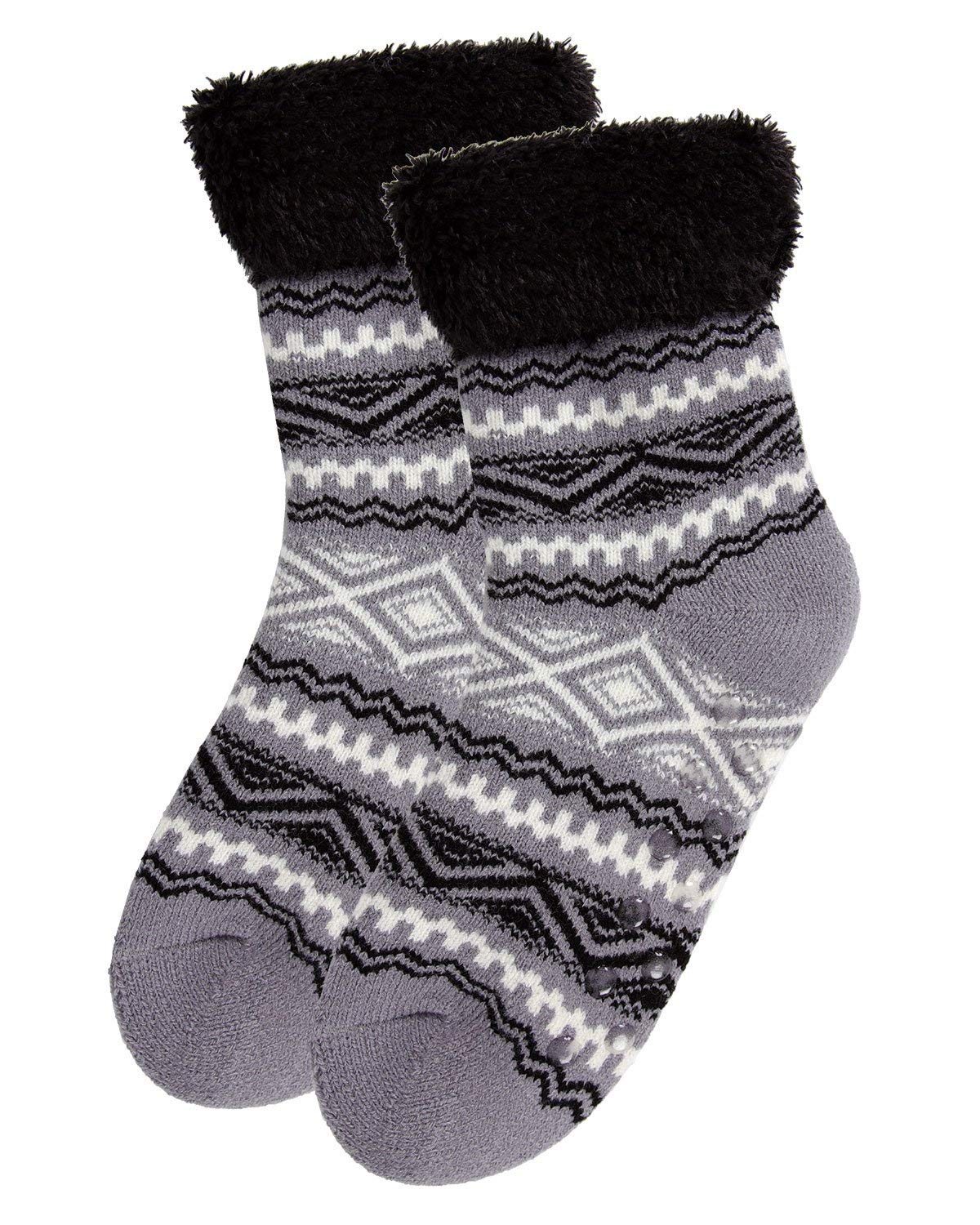 MeMoi Women's Aztec Fair Isle Plush Cabin Socks - Cozy Winter Slipper Socks for Women, Soft Warm Knit Socks with Non-Slip Grips - Perfect for Home, Lounge, and Cold Weather Comfort
