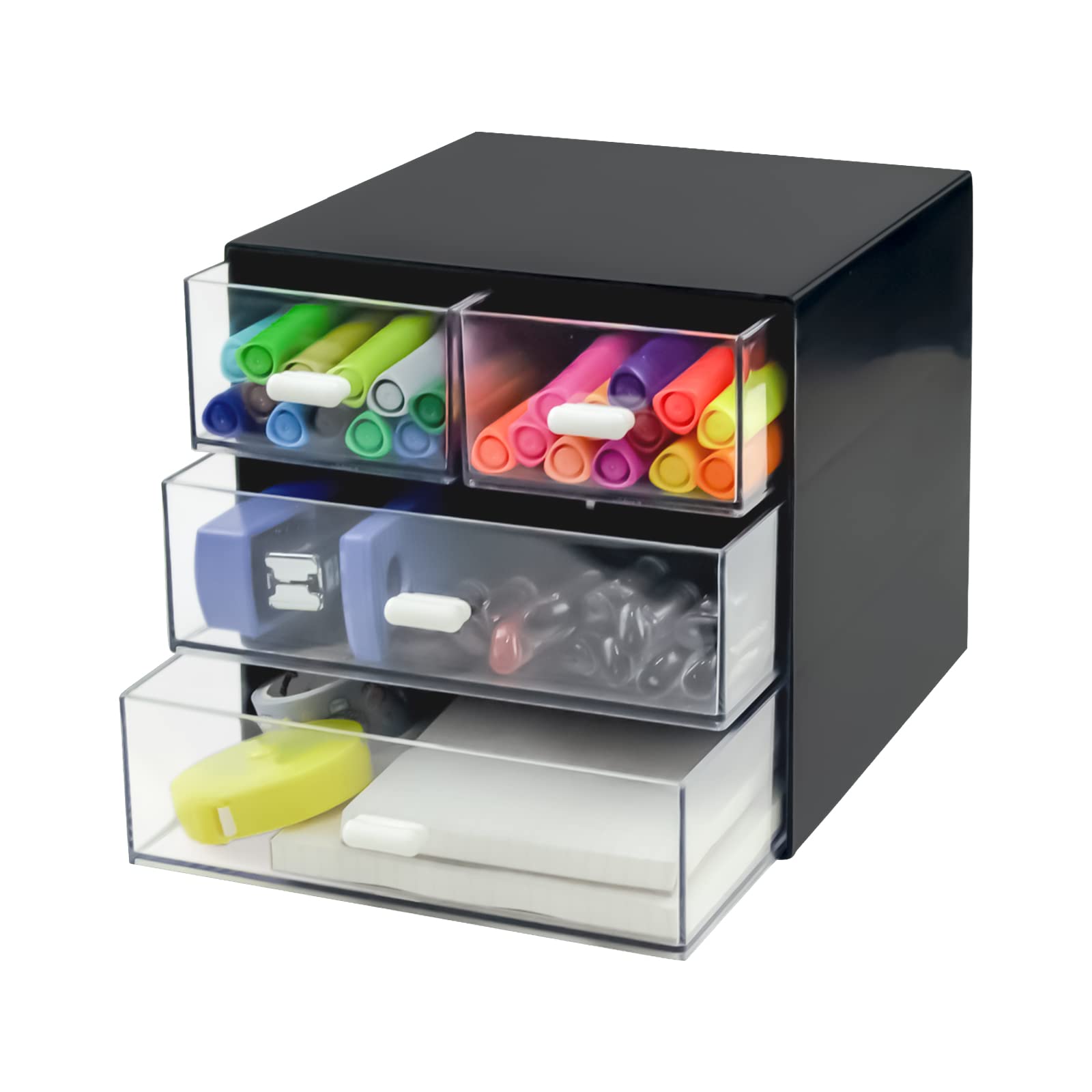 4-Drawer Black Plastic Desk Organizer with Storage Box | Office, School & Home Stationery Supplies | Perfect for Pencils, Pens, Paper Clips & Small Office Accessories