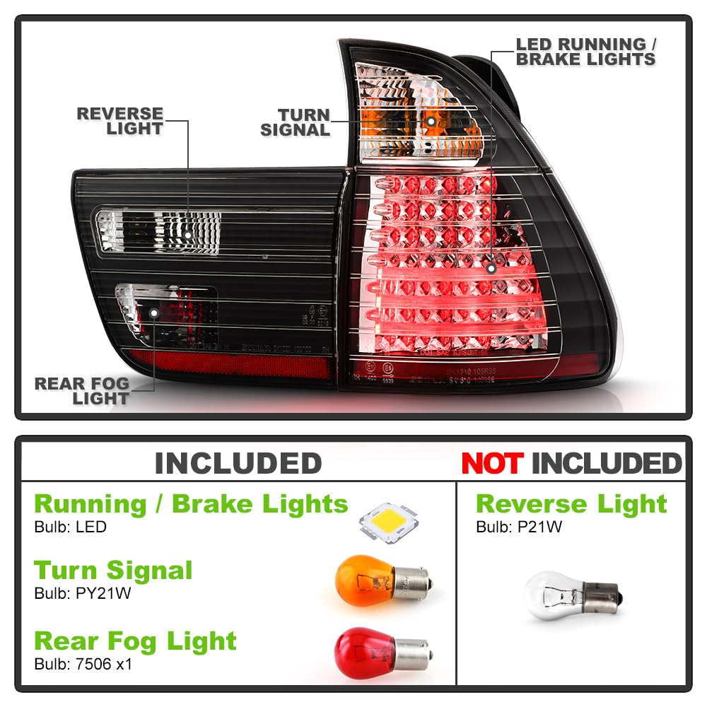 ACANII Black Housing LED Tail Lights Brake Lamps Pair Set for 2000-2006 BMW X5 E53 - Replacement Driver & Passenger Side - Enhance Style & Night Visibility for Safe Driving