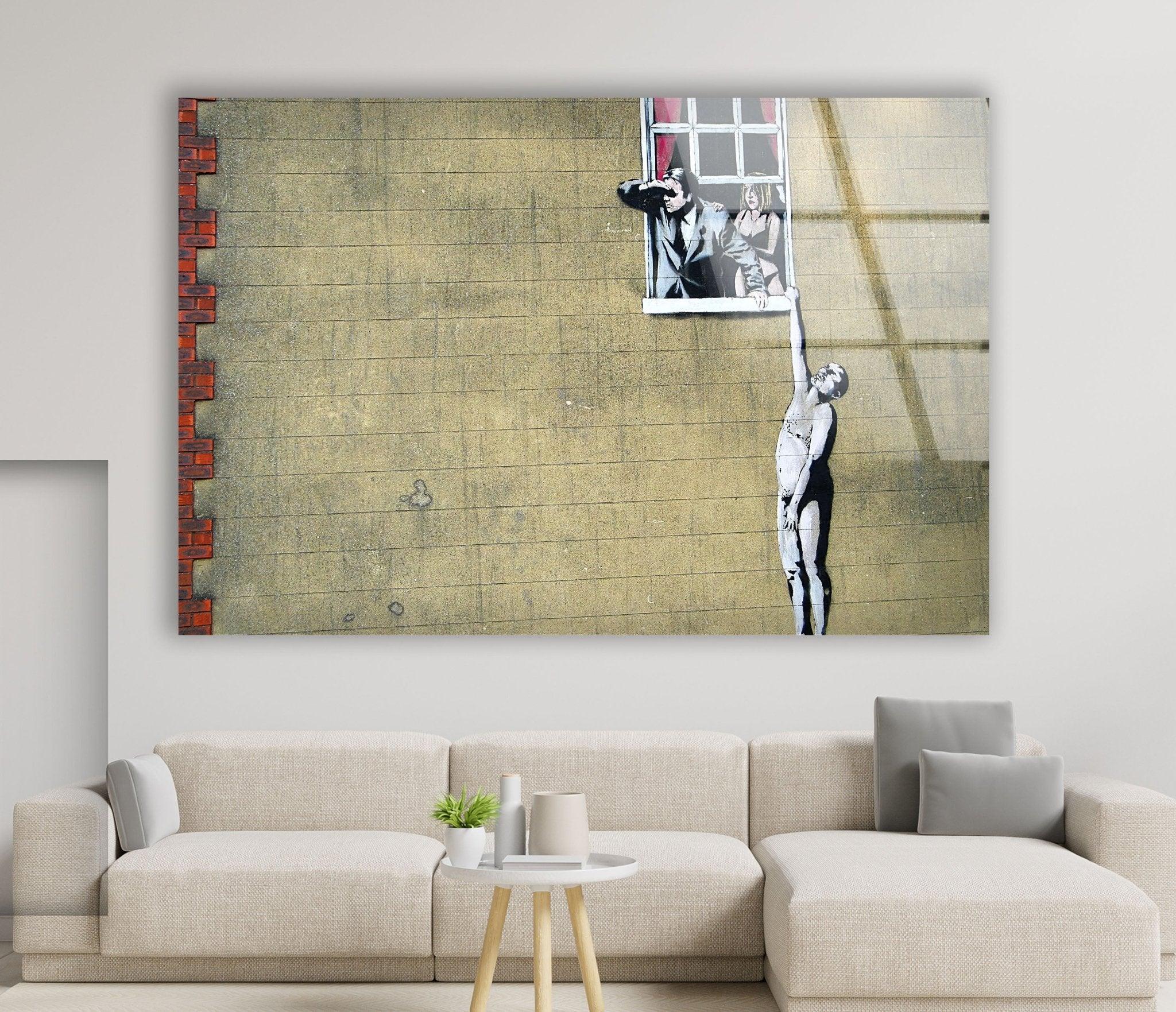Banksy Well Hung Lover Glass Wall Art - Modern Street Art Home Decor for Living Room, Bedroom & Office - Unique Gift for Art Lovers