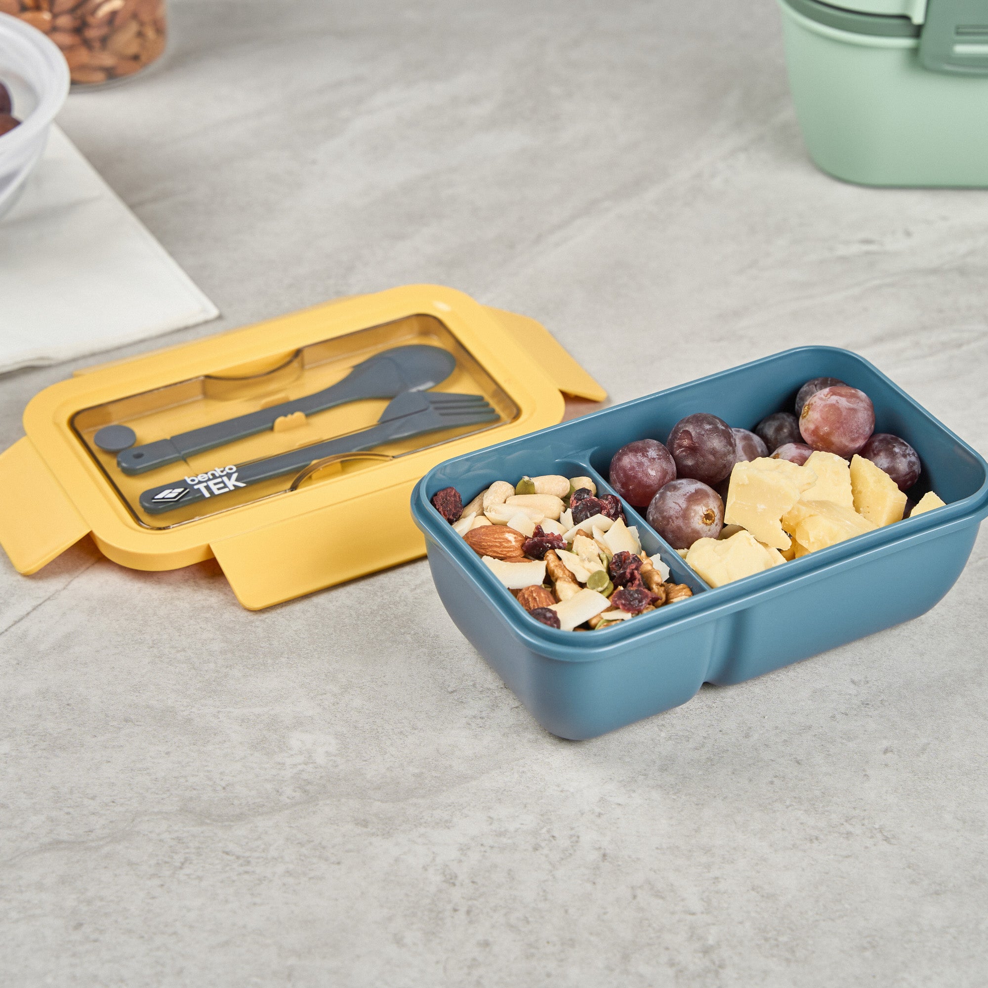 Bento Tek 29 oz Blue and Yellow BPA Free Lunch Box with Fork & Spoon - Microwave Safe, 7.75