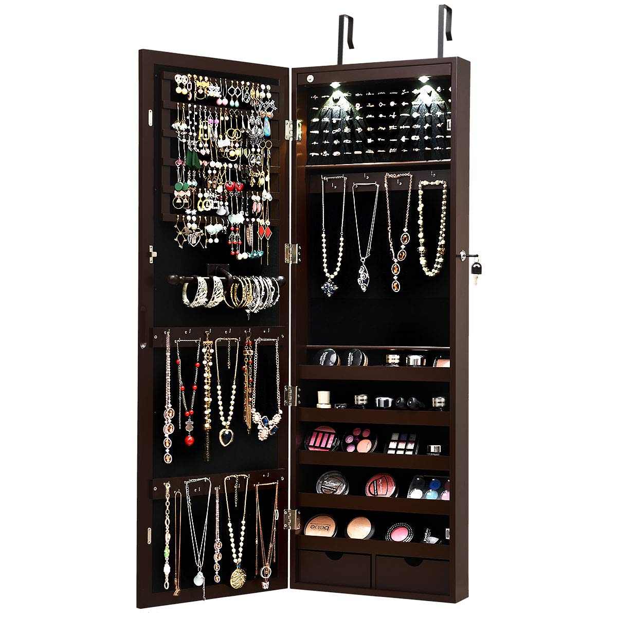 MAT EXPERT Wall/Door Mounted Jewelry Armoire with LED Lights - Lockable Jewelry Cabinet, Full-Length Mirror & Drawers - Jewelry Organizer for Necklaces, Rings & Makeup (Brown) - Perfect for Bedroom, Closet & Dressing Room Storage