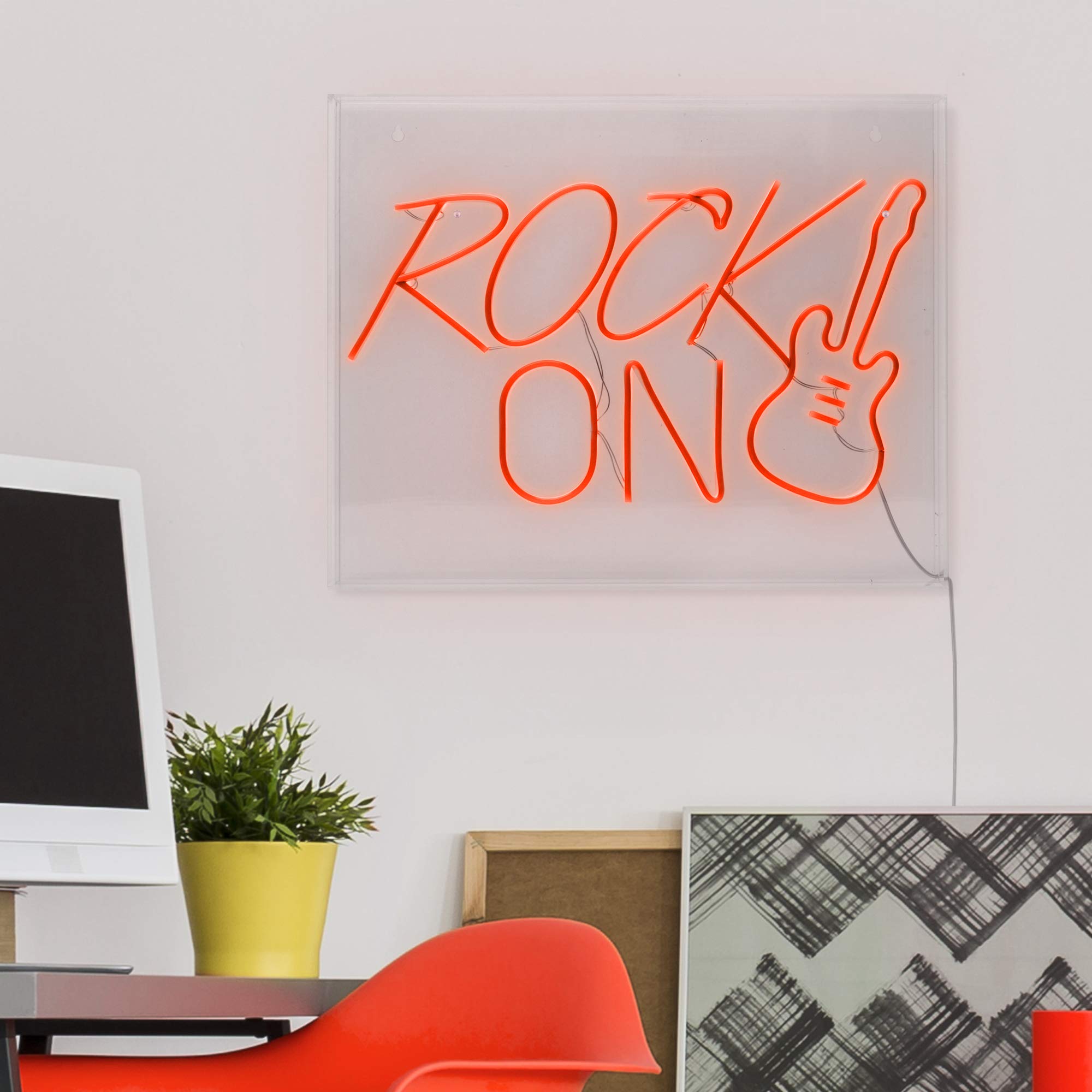American Art Decor Neon Wall Sign - LED Light Acrylic Panel with Ultra Bright USB Power | Rock On Guitar Design in Red - Perfect for Bedroom, Bar, Game Room & Man Cave Decor