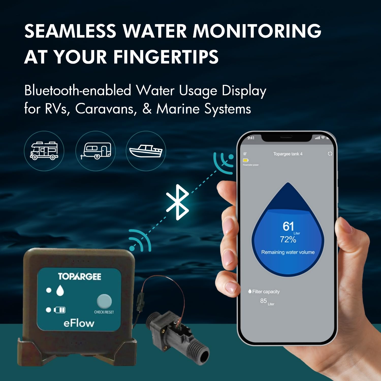 Topargee Bluetooth Water Tank Gauge H2F-BT12 - Smart Wireless Water Level Monitor with Liter/Gallon Measurement for RV, Boat & Home Water Storage Tanks | Real-Time Usage Tracking & Capacity Alerts