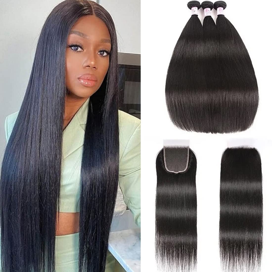 Beauty Forever 3 Bundles Straight Human Hair with 5x5 HD Lace Closure - Natural Color Brazilian Virgin Hair Extensions for Sew-In Weave & Styling