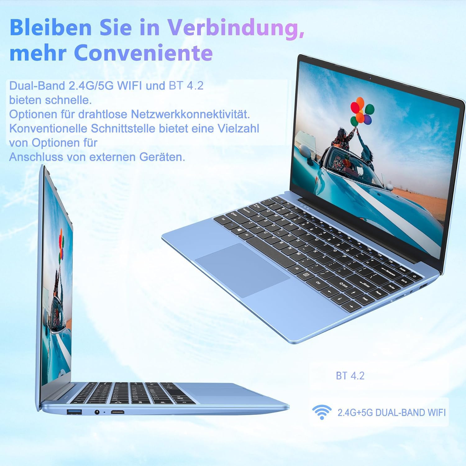 WOZIFAN 14 Inch Laptop with Windows 11, Metal Body, 256GB SSD (Expandable to 1TB), Lightweight Notebook with Dual WiFi 2.4G+5G, FHD Display, Bluetooth, USB, HDMI - Includes Wireless Mouse & German Silicone Keyboard Cover (Blue) - Perfect for Work, Study, and Travel