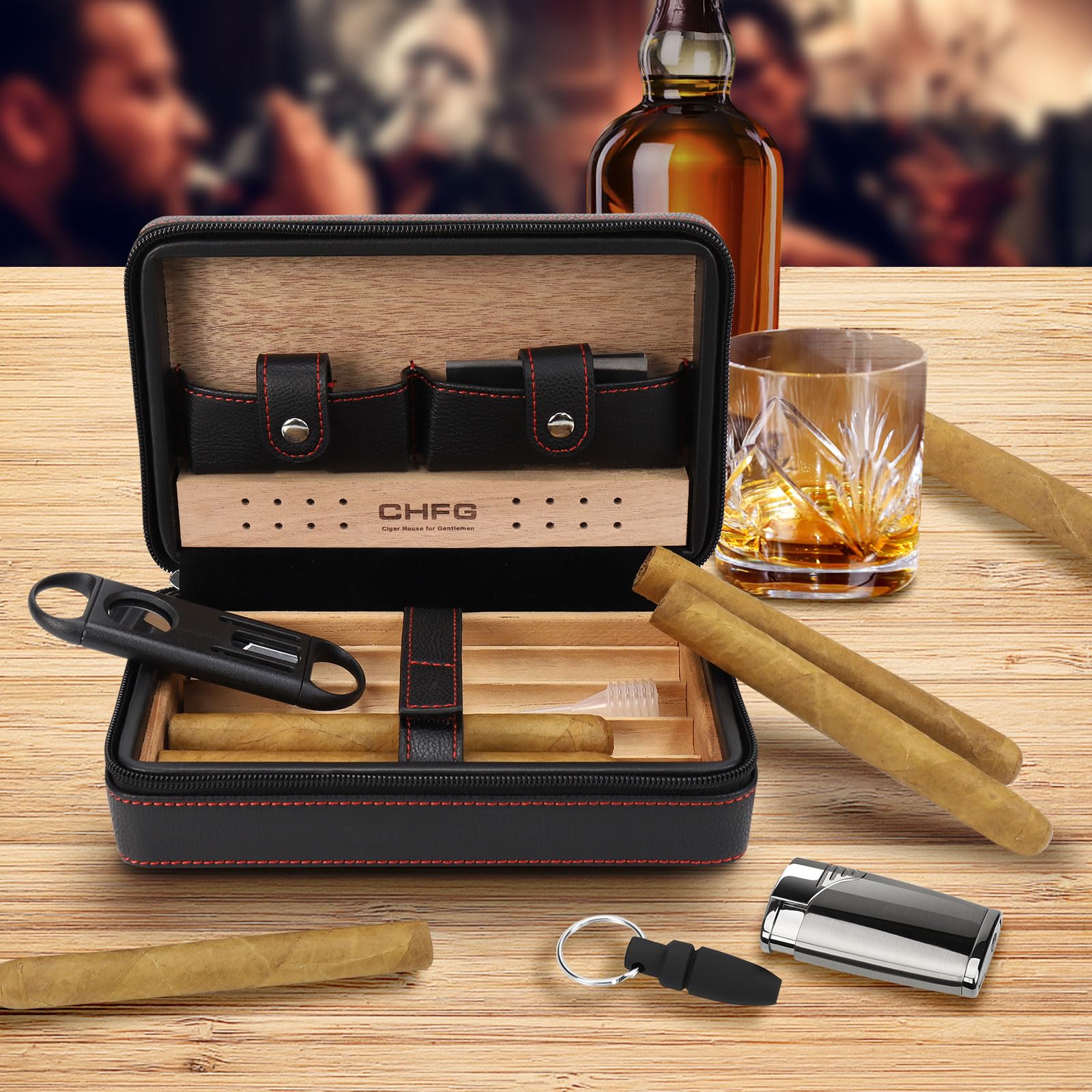 Premium Leather Cigar Case with Cedar Wood Travel Humidor - Portable Cigar Box Set Includes Cigar Lighter Accessories (Holds 4 Cigars) - Perfect Gift for Men & Cigar Enthusiasts - Ideal for Travel, Business Gifts & Special Occasions (Black)