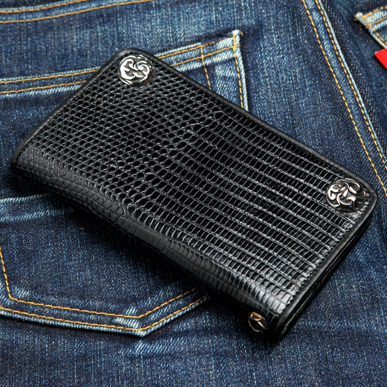 Authentic Black Lizard Leather Biker Wallet for Men - RFID Blocking Slim Bifold Wallet - Perfect for Motorcycle Riders & Everyday Use
