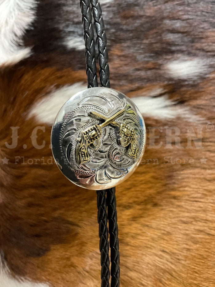 Fashionwest AC70G Western Bolo Tie with Crossed Pistols Design in Gold & Silver - Perfect for Cowboy Costumes, Western Parties & Country Music Events