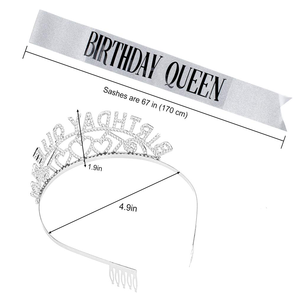 Semato Birthday Crown & Glitter Sash Kit - Silver Birthday Party Decorations for Women | Birthday Party Favors & Accessories | Perfect for Bachelorette, Bridal Showers & Milestone Celebrations