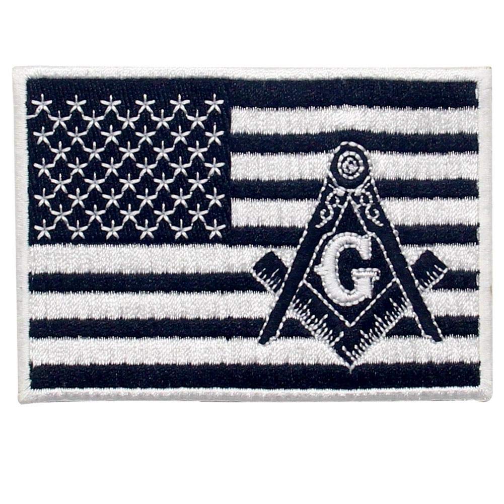 USA Flag Masonic Embroidered Patch - Square Compass Iron On/Sew On Emblem in White & Black | Perfect for Vests, Jackets & Biker Gear