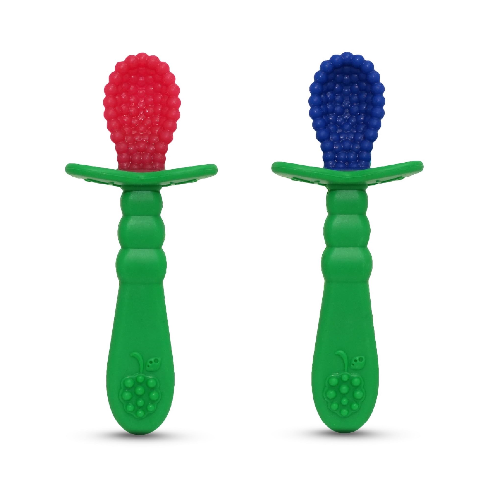 RaZbaby RaZberry Silicone Baby Spoon (2-Pack) - Multi-Textured Grip for Comfortable Feeding | BPA-Free, Dishwasher Safe | Ideal for Self-Feeding Training & Baby-Led Weaning | Perfect for Infants 6+ Months Starting Solids