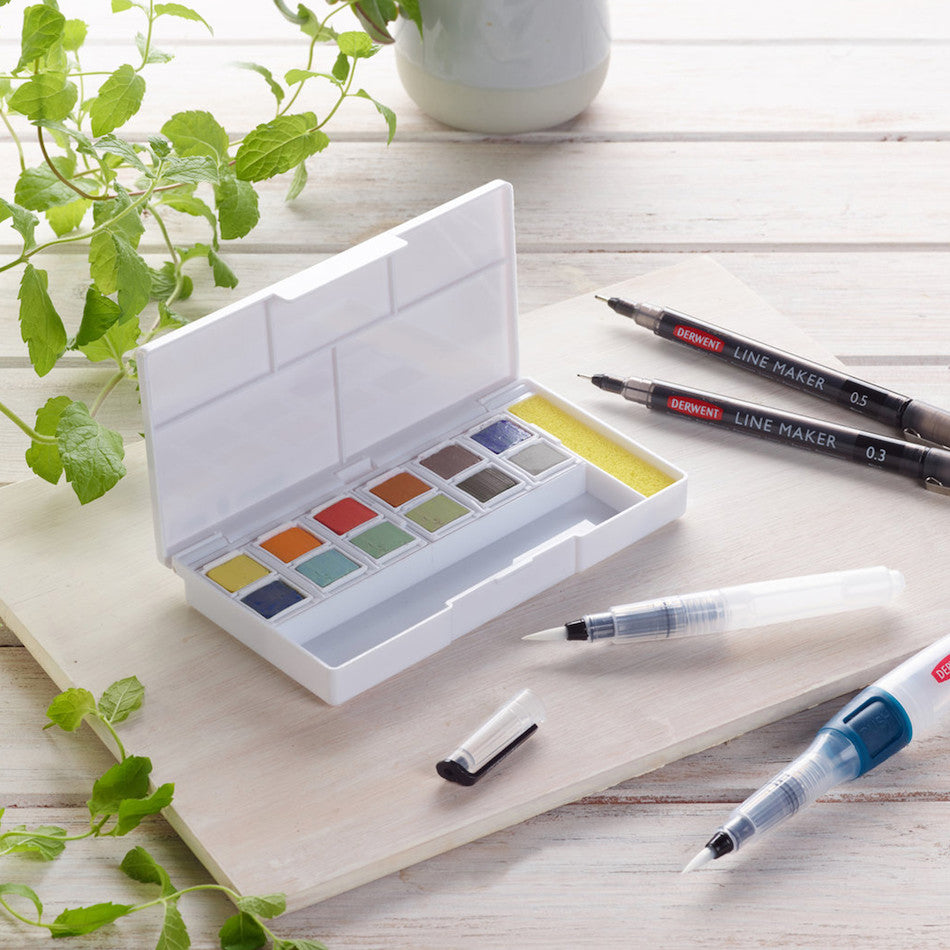 Derwent Line and Wash Paint Pan Set - 12 Watercolor & Ink Paints for Artists - Perfect for Sketching, Illustration & Mixed Media Art Projects