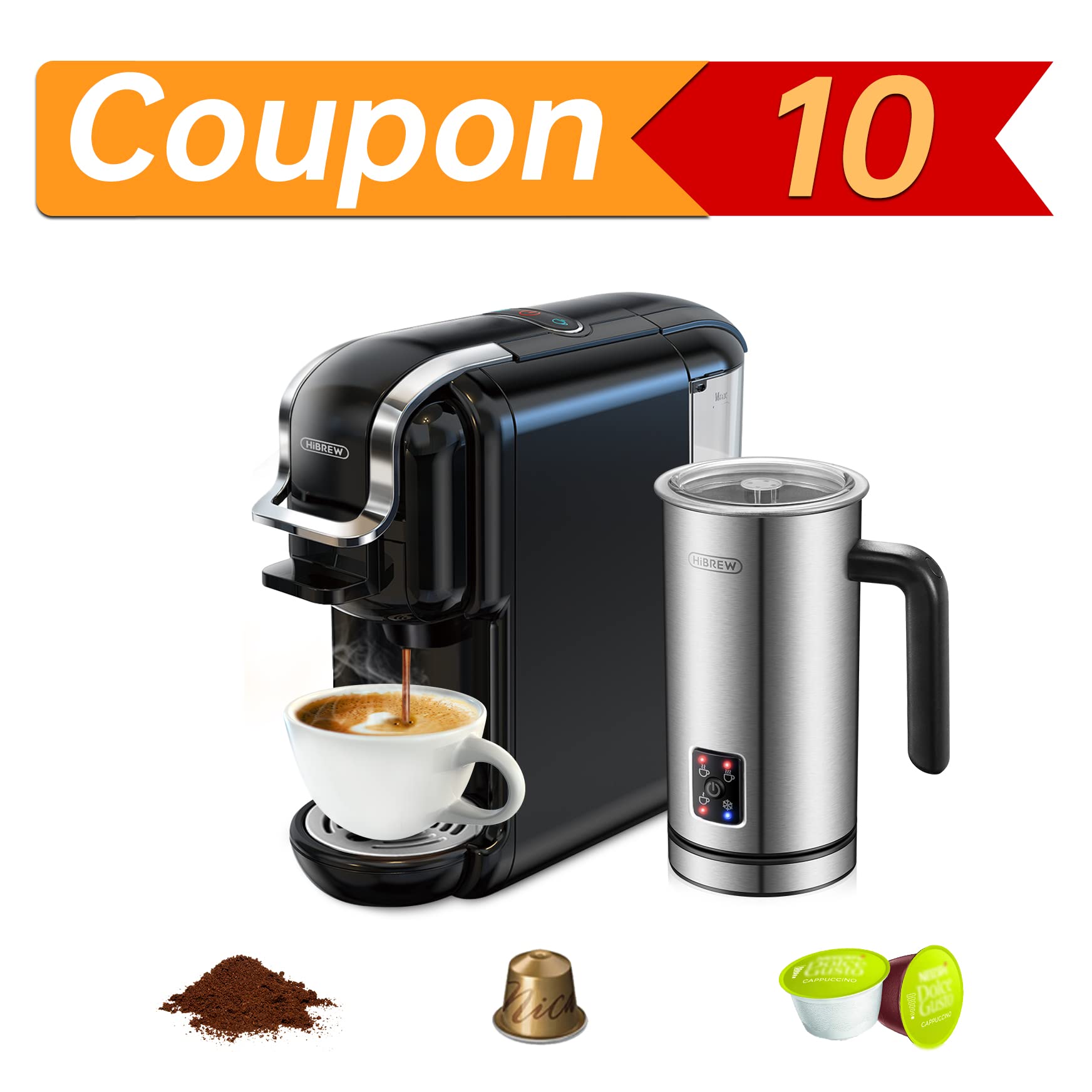 HiBREW 3-in-1 Espresso Machine | 19 Bar Single Serve Coffee Maker with Stainless Steel Milk Frother | Compatible with Nespresso Original & Dolce Gusto Capsules & Ground Coffee | Cold & Hot Brew Modes | Black Combo | Perfect for Home, Office & Small Cafes
