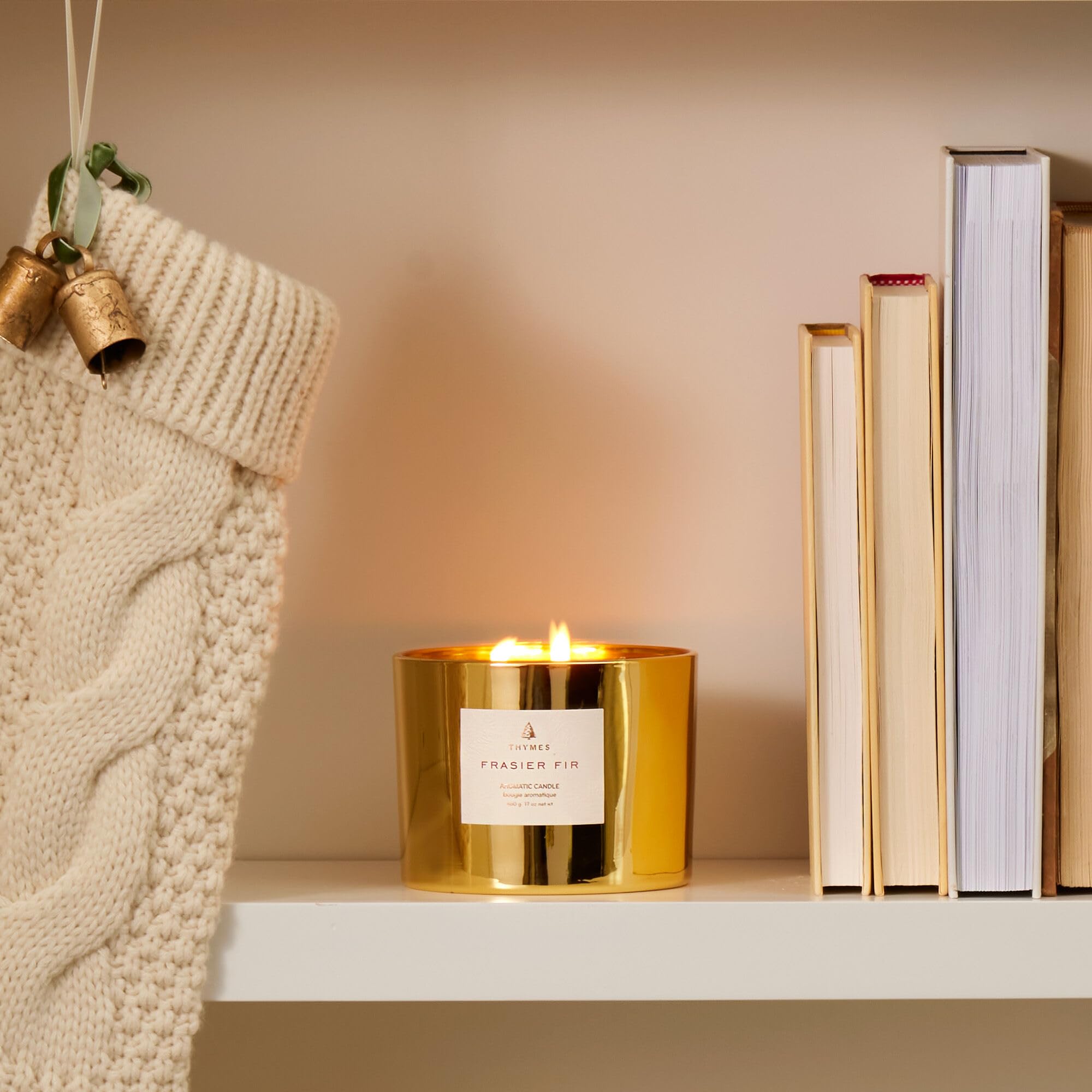 Thymes Frasier Fir Gilded Gold 3-Wick Scented Candle - 17 oz Luxury Holiday Home Fragrance with Crisp Forest Aroma - Elegant Gold Jar Candle for Christmas Decor, Cozy Winter Evenings & Gift Giving