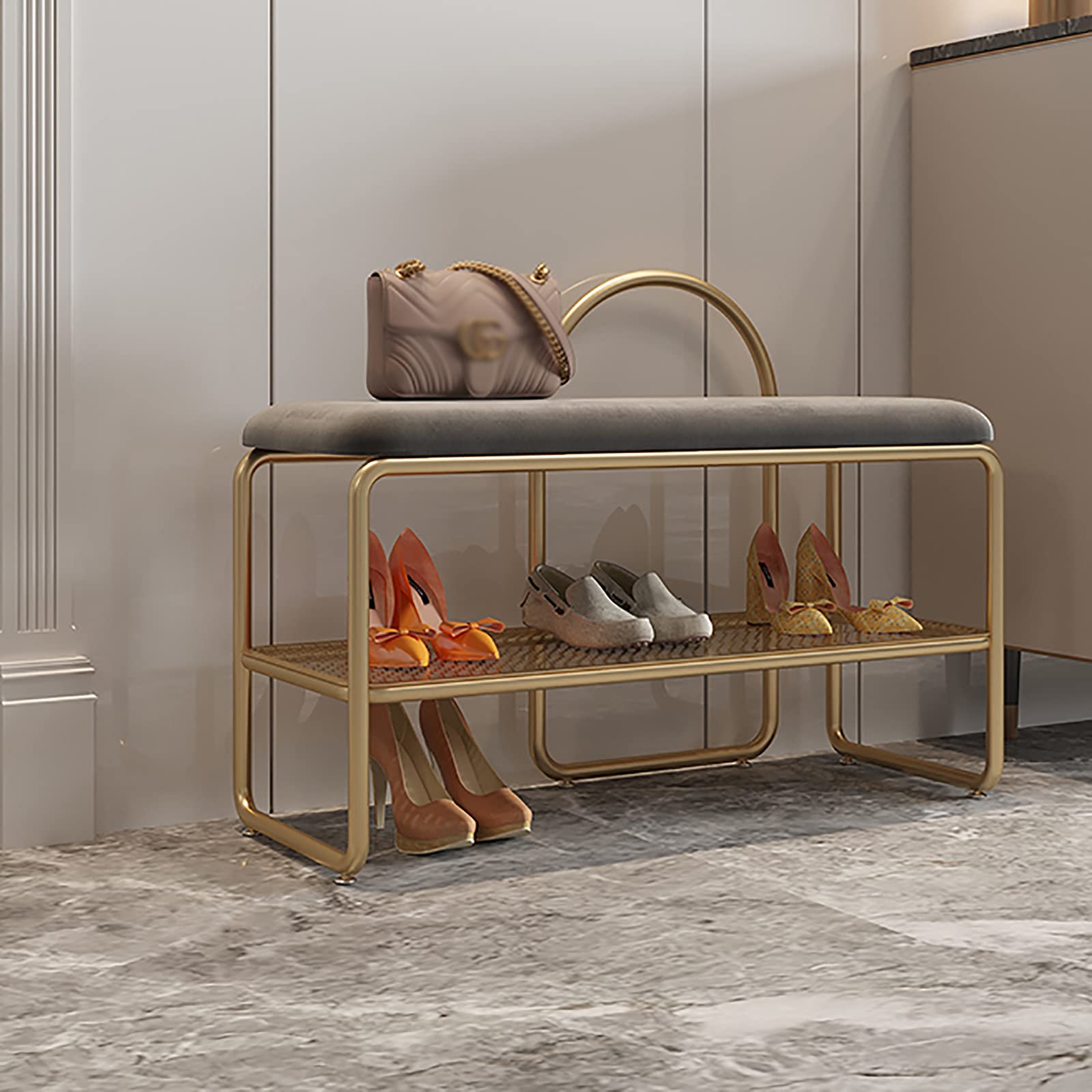 XIAOQIAO Shoe Bench with Storage - Modern Nordic Style Iron Shoe Rack with Seat Cushion - Entryway Hallway Organizer for Home, Closet & Dorm Room (62x32x45cm) - Perfect for Small Spaces & Quick Shoe Changes