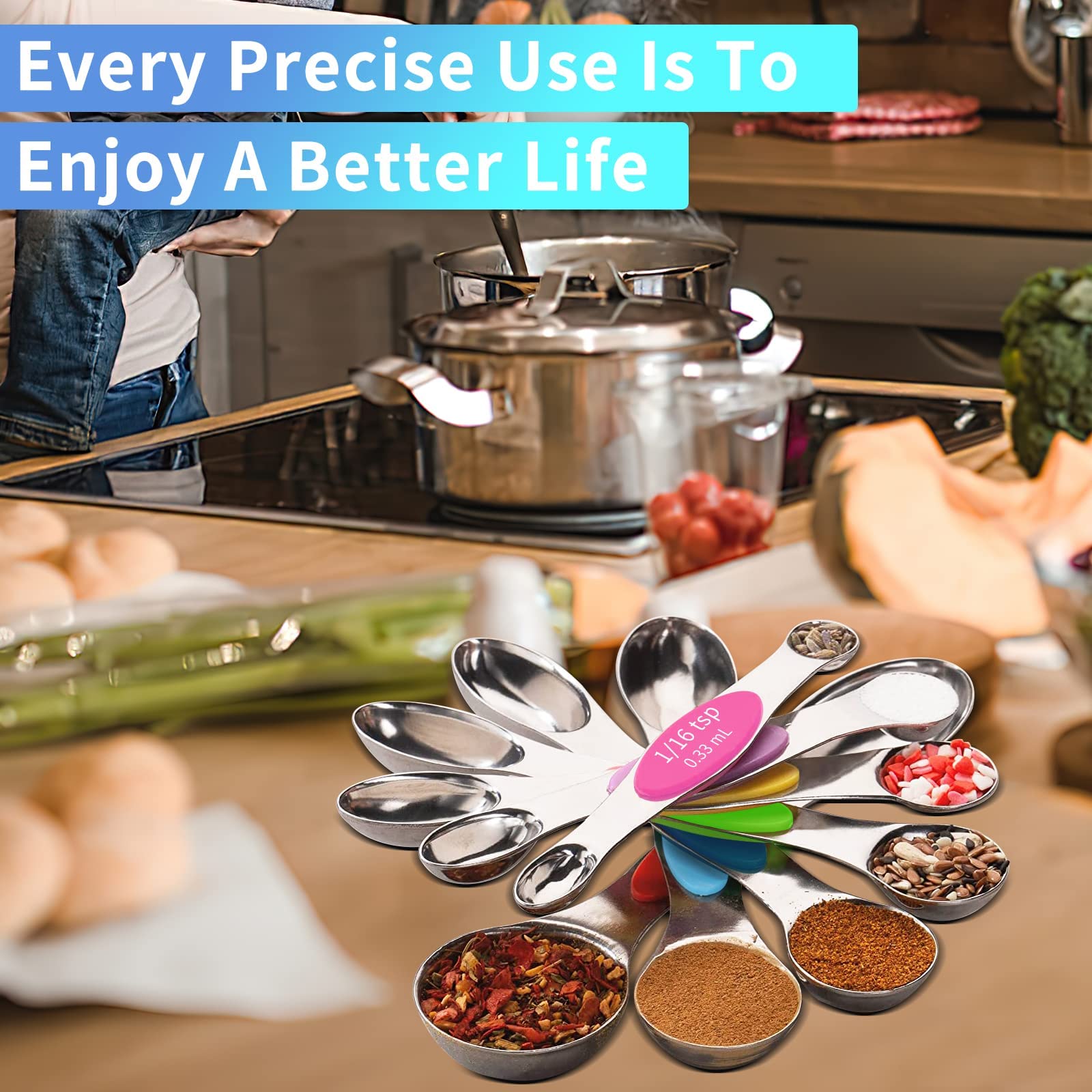 9-Piece Magnetic Measuring Spoons Set - Dual-Sided Stainless Steel Kitchen Measuring Spoons with Leveler | Stackable Teaspoon & Tablespoon Set for Baking, Cooking & Spice Storage | Perfect for Measuring Dry & Liquid Ingredients in Jars, Canisters & Spice Containers