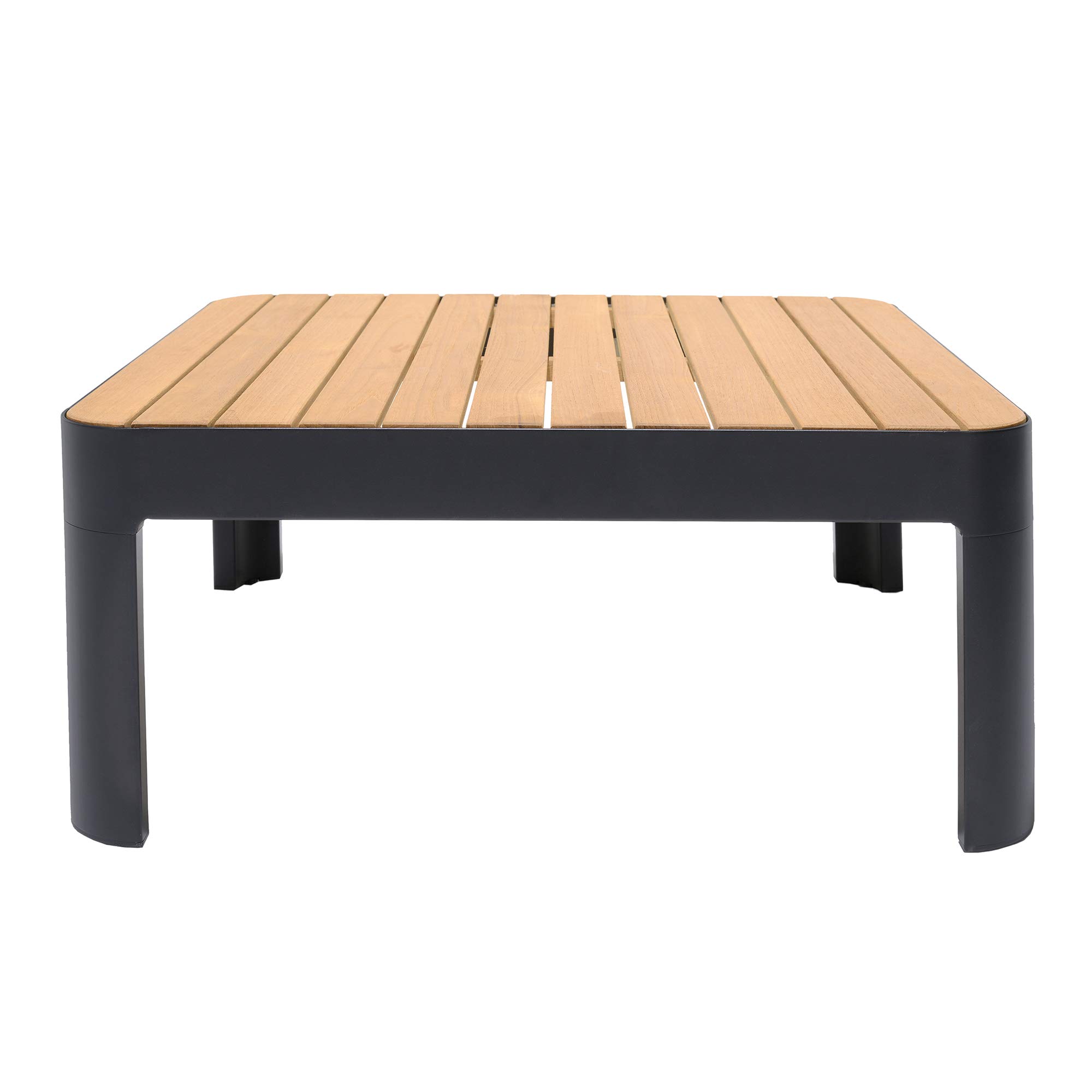 Modern Square Outdoor Patio Coffee Table - Black Aluminum Frame with Natural Teak Top - Weather-Resistant for Garden, Poolside & Backyard Decor