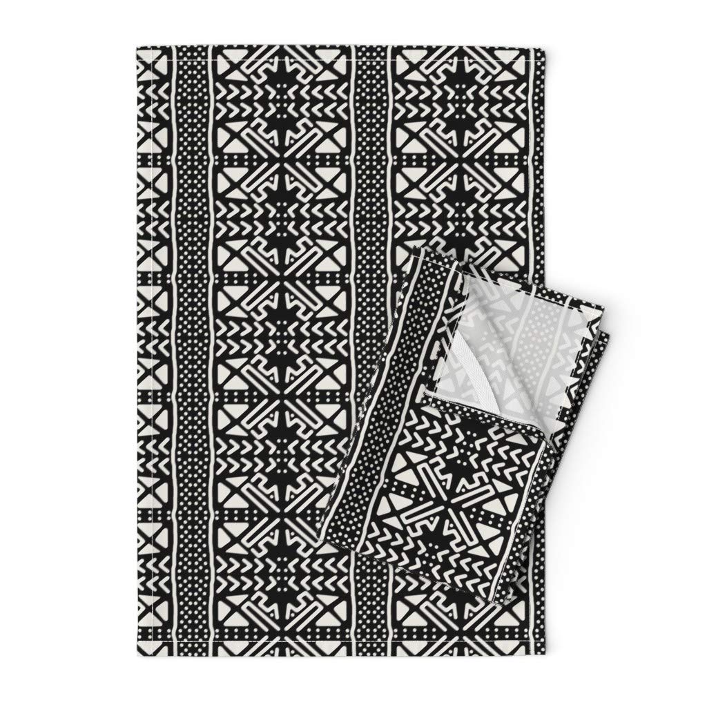 African Tribal Boho Mudcloth Printed Tea Towel - Linen Cotton Canvas Kitchen Towel for Drying Dishes & Decor | Spoonflower Eco-Friendly Decorative Towel for Bohemian Style Homes