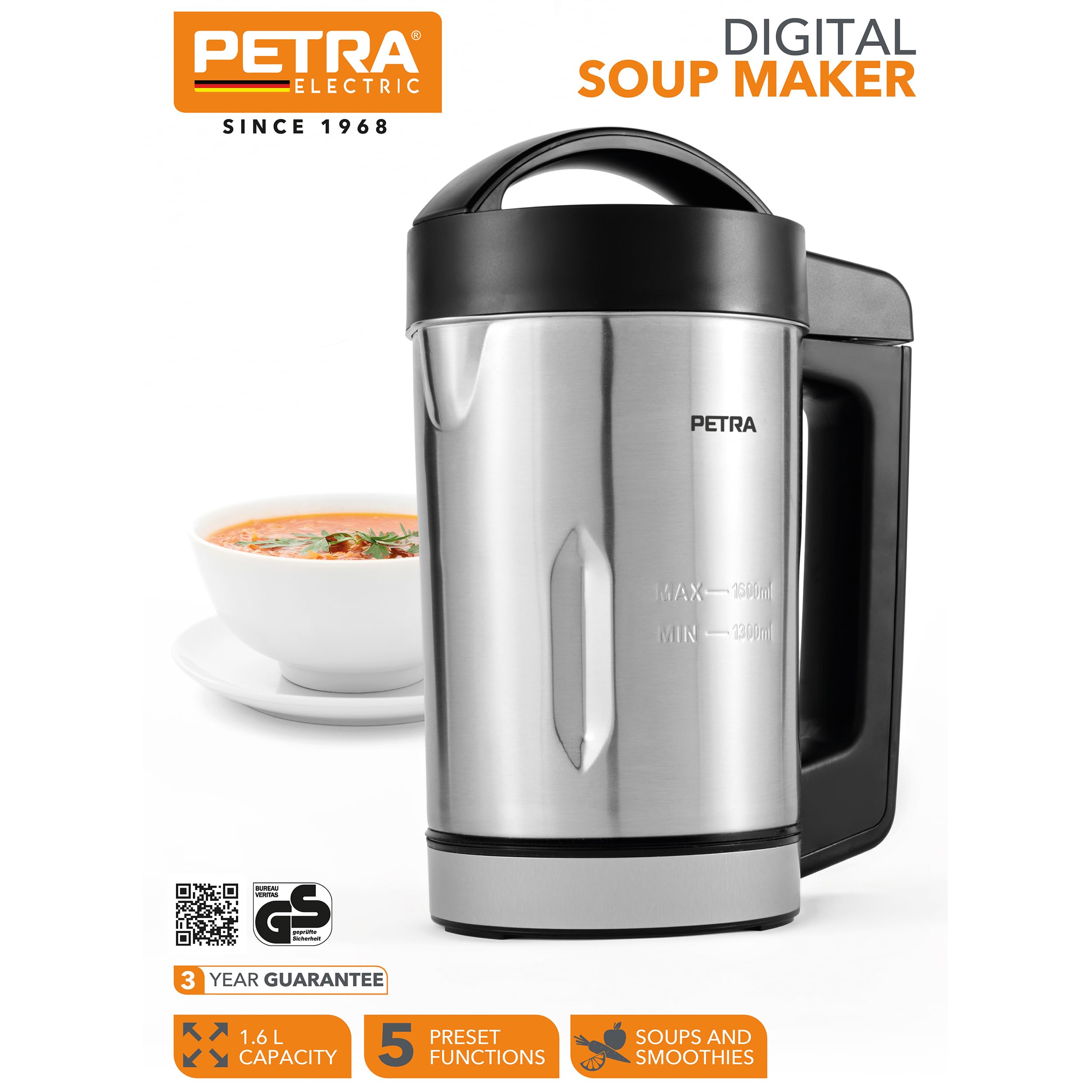 900W Electric Soup Blender with Heating, 1.6L Stainless Steel Pitcher, 5 Cooking Programs, Digital Display & Keep Warm Function - Perfect for Homemade Soups, Smoothies & Baby Food Preparation