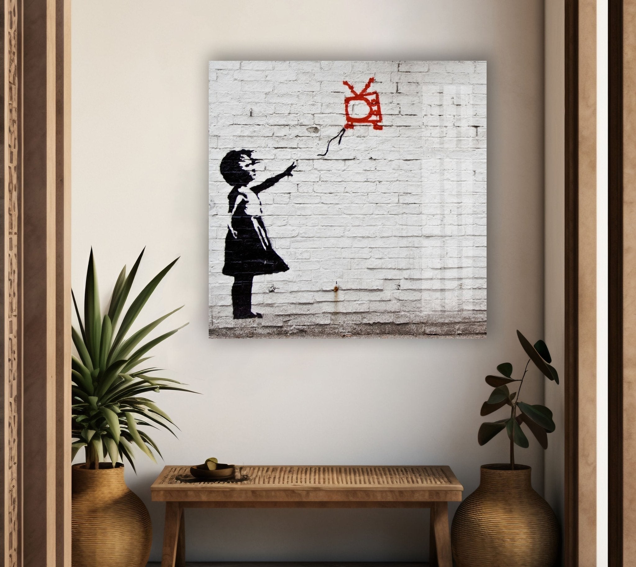 Banksy Kite Girl Glass Wall Art - Stunning Home Decor for Living Room, Bedroom & Office - Modern Framed Glass Print for Urban Art Lovers