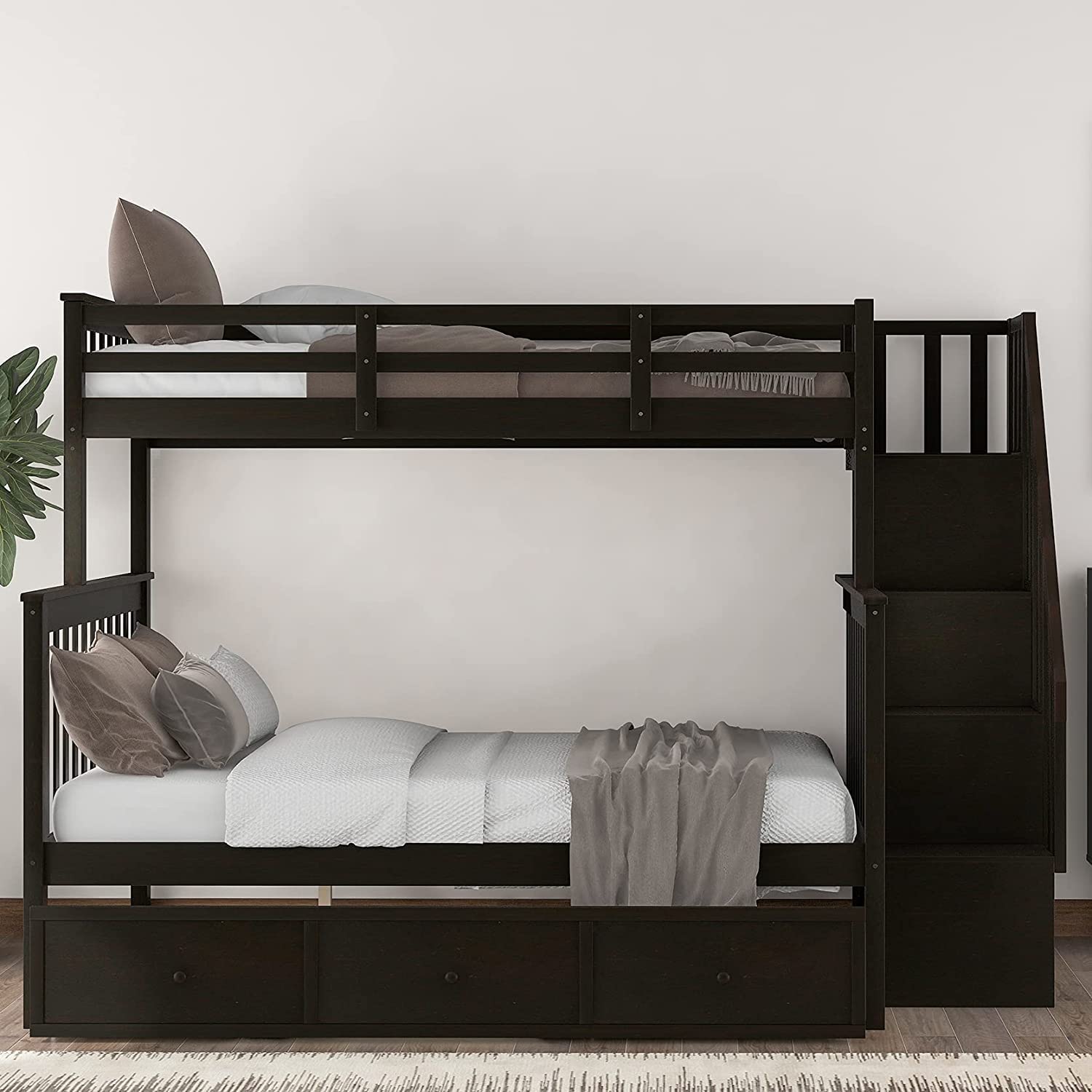 Twin Over Full Bunk Bed with Storage Drawer & Stairway - Solid Wood Bunk Beds for Kids with Storage Shelf, Full-Length Guard Rail - No Box Spring Needed (Espresso Finish) - Perfect for Small Bedrooms, Shared Kids' Rooms & Space-Saving Solutions