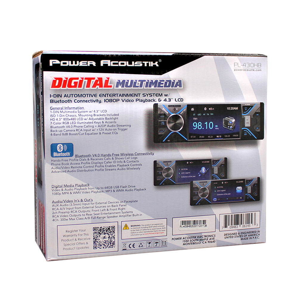 Power Acoustik PL 430HB Single DIN Car Stereo with Detachable 4.3