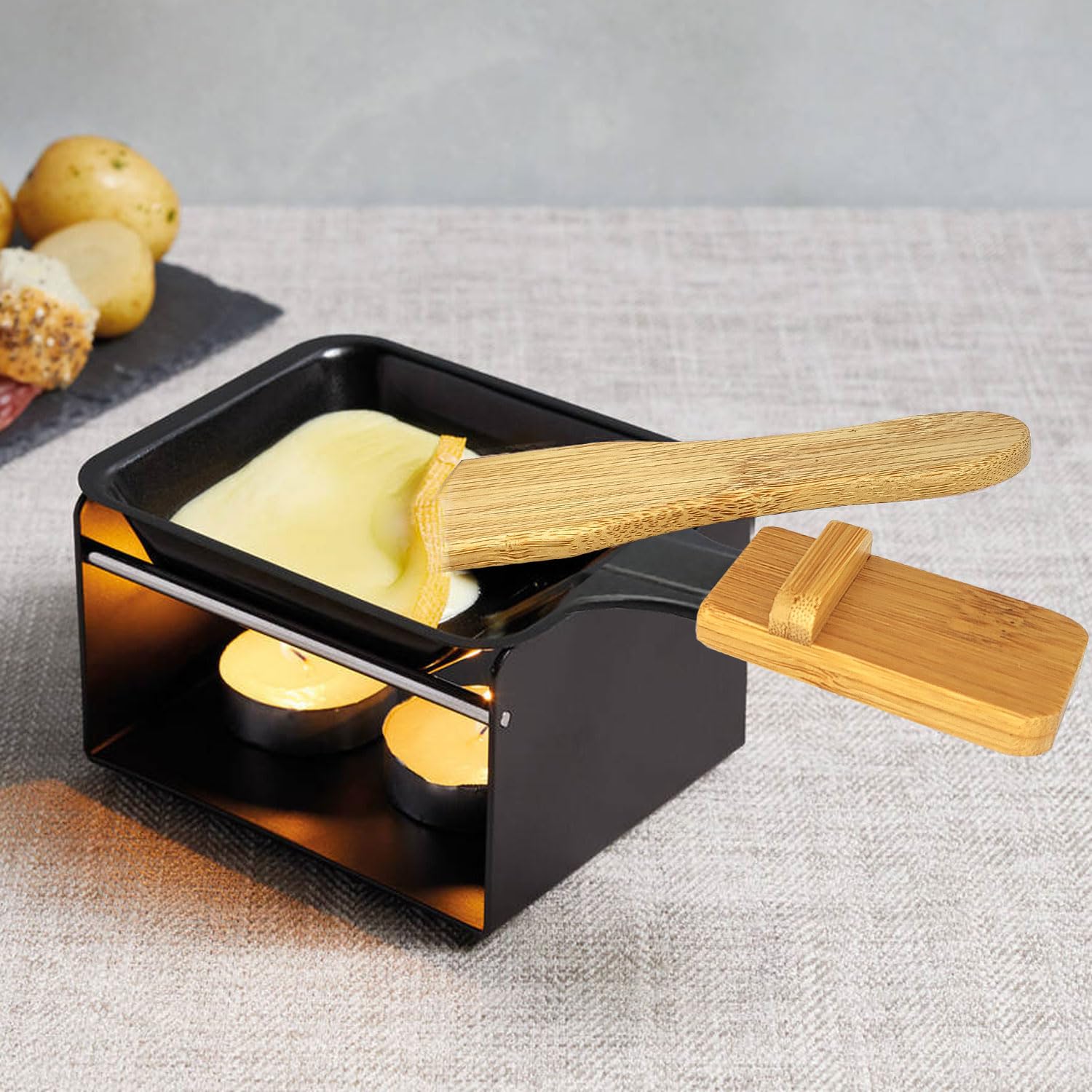 Non-Stick Mini Cheese Raclette Pan Set with Bamboo Handle - 8-Piece Oven-Safe Baking Tool for Melting Cheese, Frying Eggs & Making Quesadillas - Perfect for Home Cooking, Camping & Party Snacks