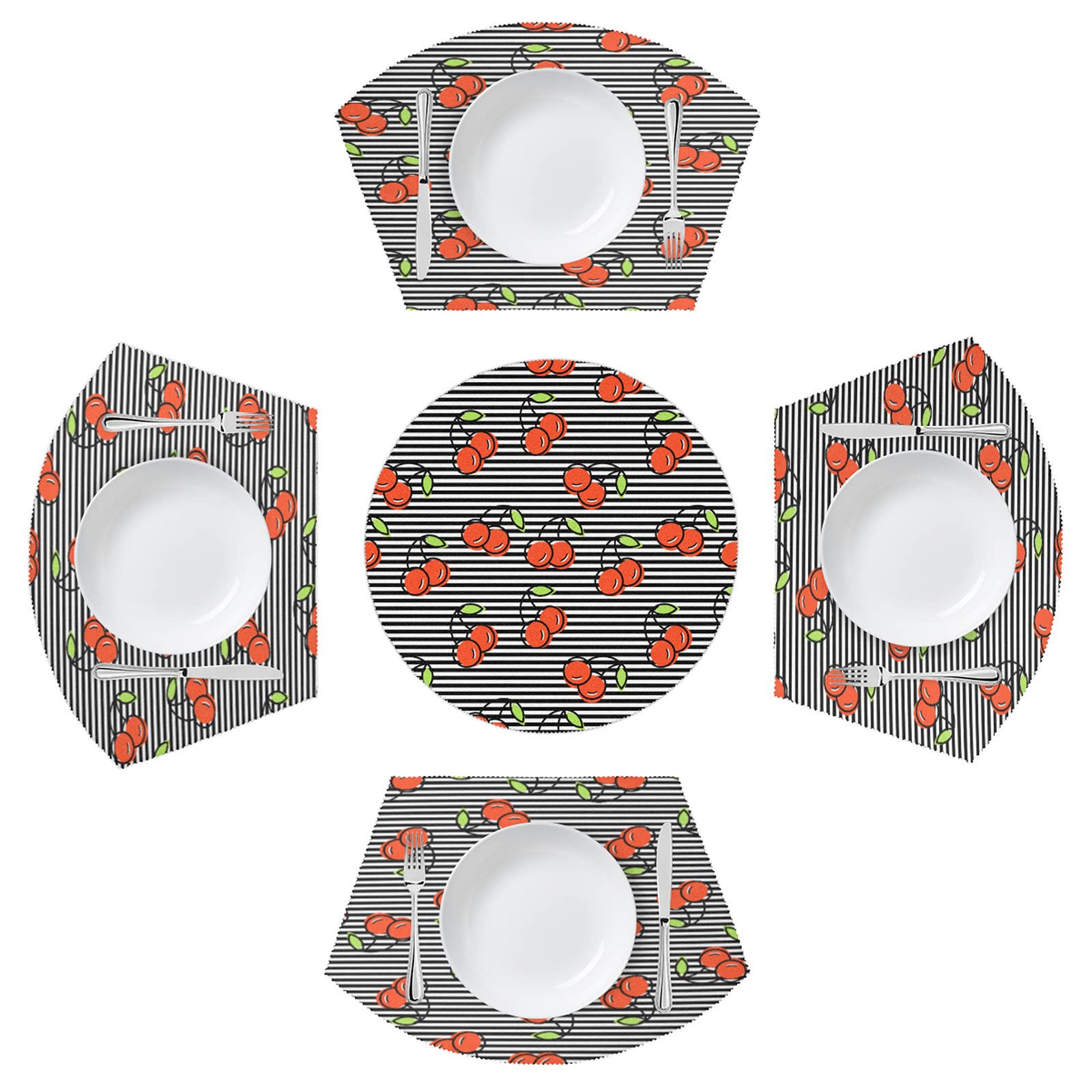 Round Table Placemats Set of 5 - Striped Cherry Pattern Heat Resistant Washable Placemats for Dining Table | Perfect for Kitchen, Restaurant, and Outdoor Picnic Use