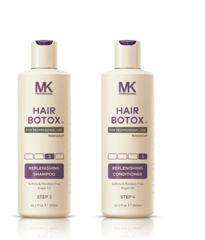 MK Professional Hair Botox Replenishing Shampoo & Conditioner Set (600ml) - Sulfate & Paraben Free for Damaged Hair Repair - Salon-Quality Hydration for Dry, Frizzy & Color-Treated Hair - Perfect for Home & Professional Use