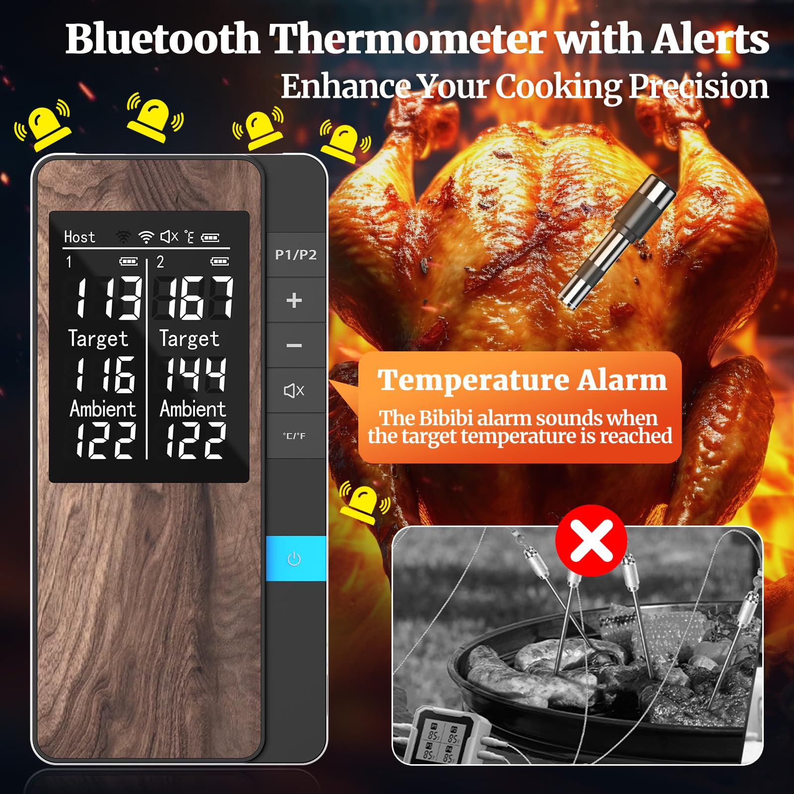 Wireless Meat Thermometer - Digital Food Thermometer with Multi Sensors & Ultra-Thin Probes, Bluetooth App Control for Precise BBQ, Oven, Grill, Smoker Cooking - Perfect for Home Chefs and Outdoor Grilling