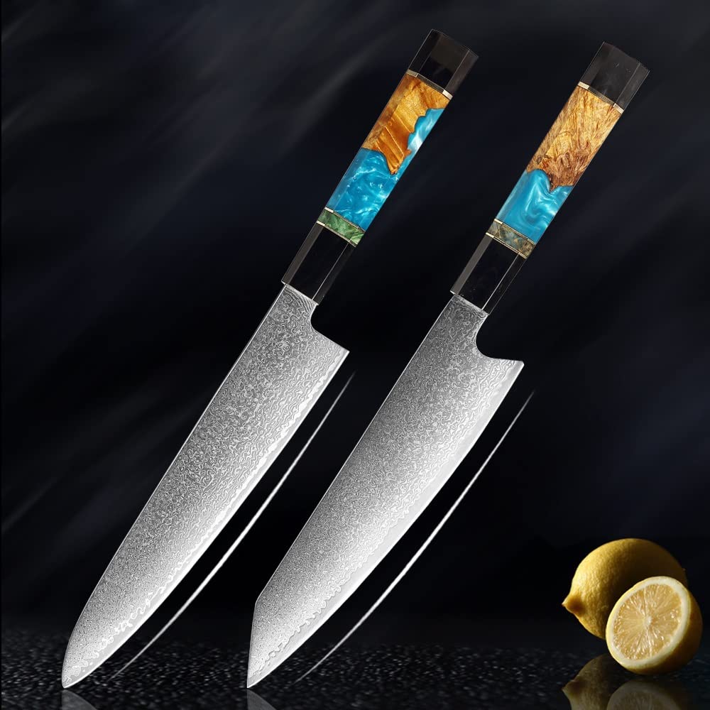Premium 6-Piece Damascus Steel Kitchen Knife Set - Chef, Cleaver, Paring & Kiritsuke Knives with Resin & Horn Handle - Perfect for Home Cooking, Professional Chefs & Culinary Enthusiasts (Color: B8800-2pcA)