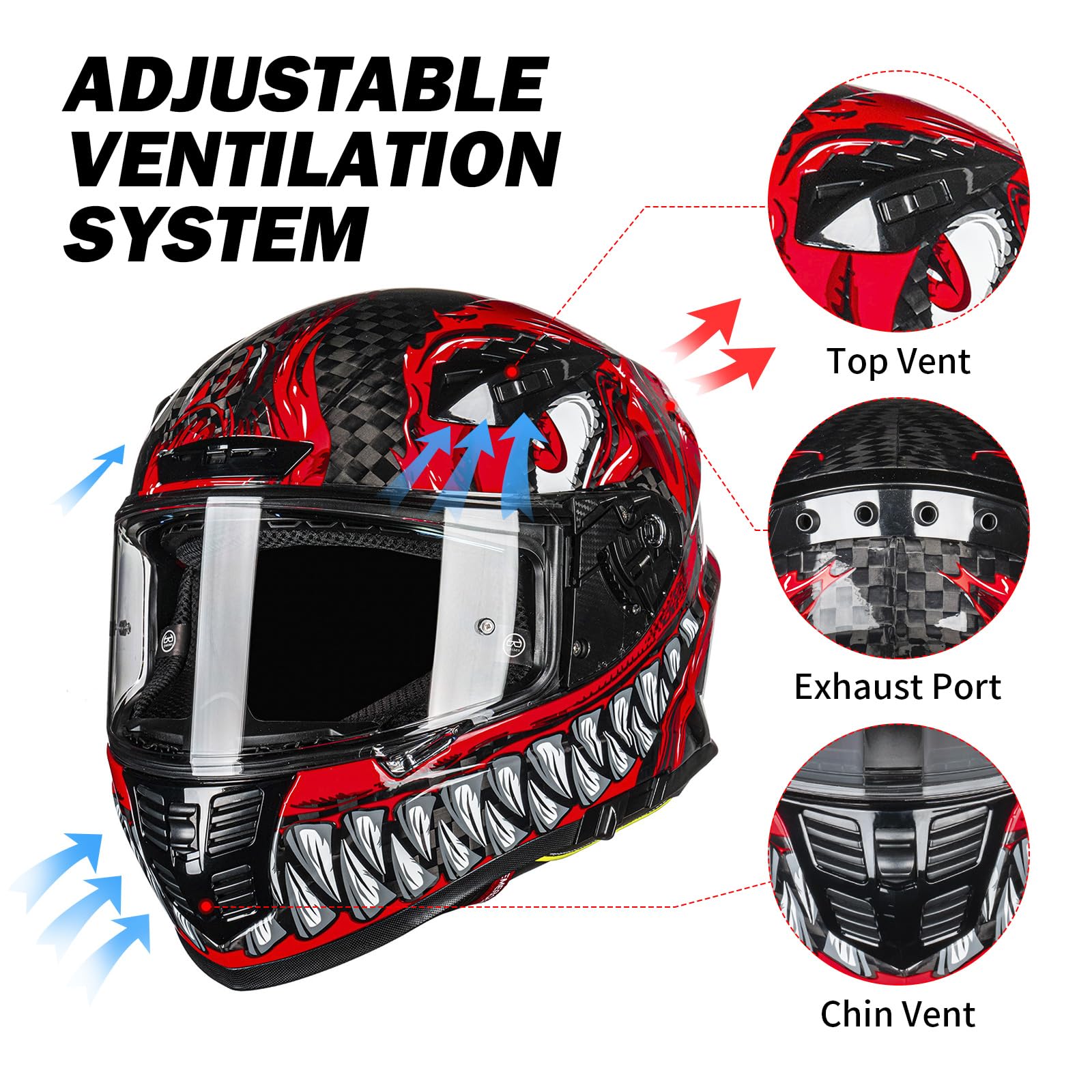 Carbon Fiber Full Face Motorcycle Helmet FA-602 - DOT Approved Dual Visor Racing Helmet for Street Bike & ATV - Unisex Adult (Monstrous Red, XXL) - Perfect for Mountain Racing & Urban Commuting