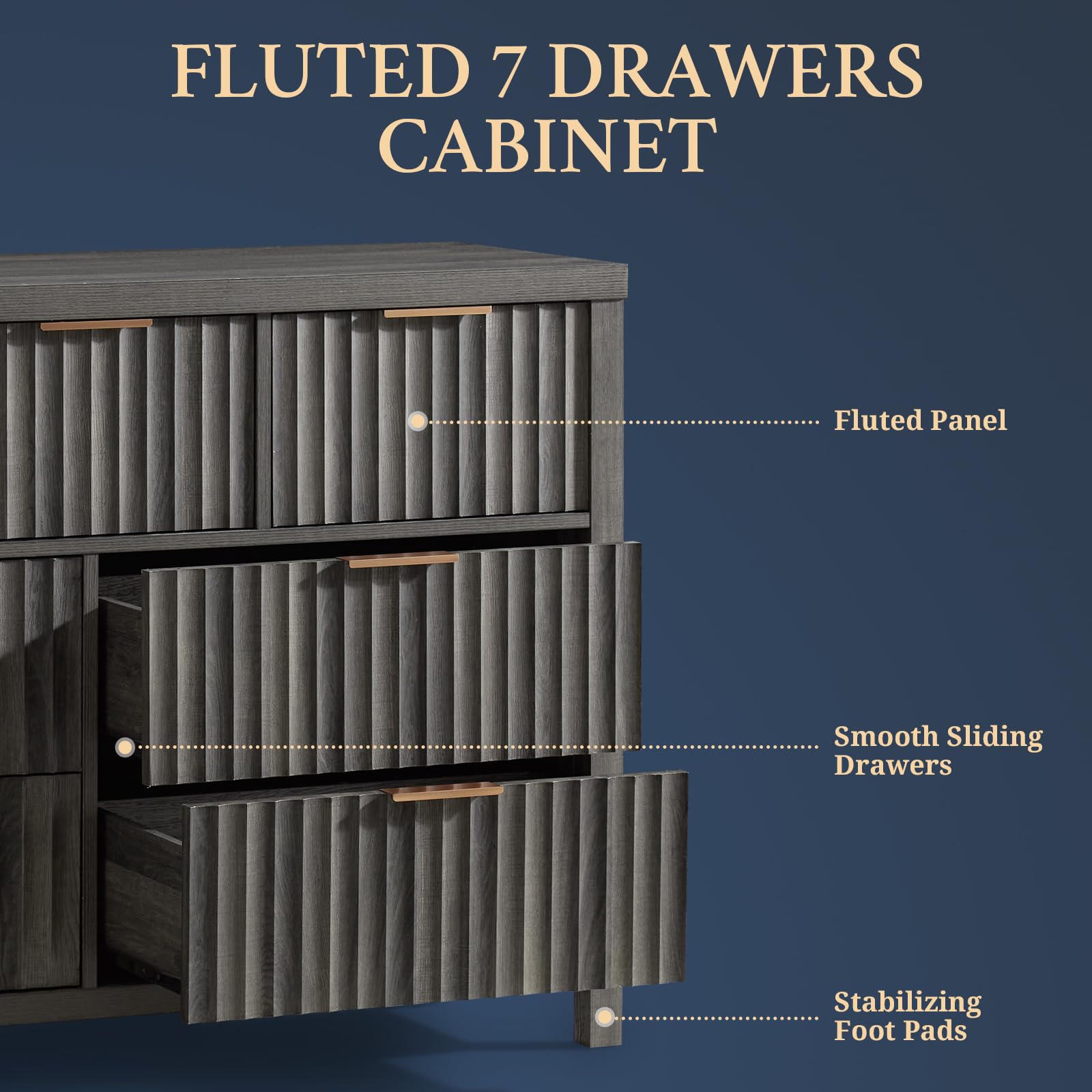3 Piece Modern Bedroom Set with Fluted 7-Drawer Dresser & 2 Nightstands - USB Charging Station - Midnight Oak Finish - Perfect for Master Bedroom, Guest Room or Apartment Decor
