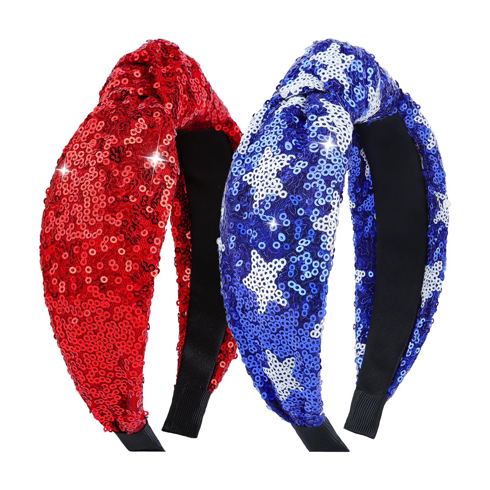 4th of July Sequin Knotted Headbands for Women - Patriotic Red & Blue Sparkly Hair Accessories, Glitter Headbands for Girls, Fashion Gifts for Independence Day - Perfect for Parties, Parades & Festive Celebrations