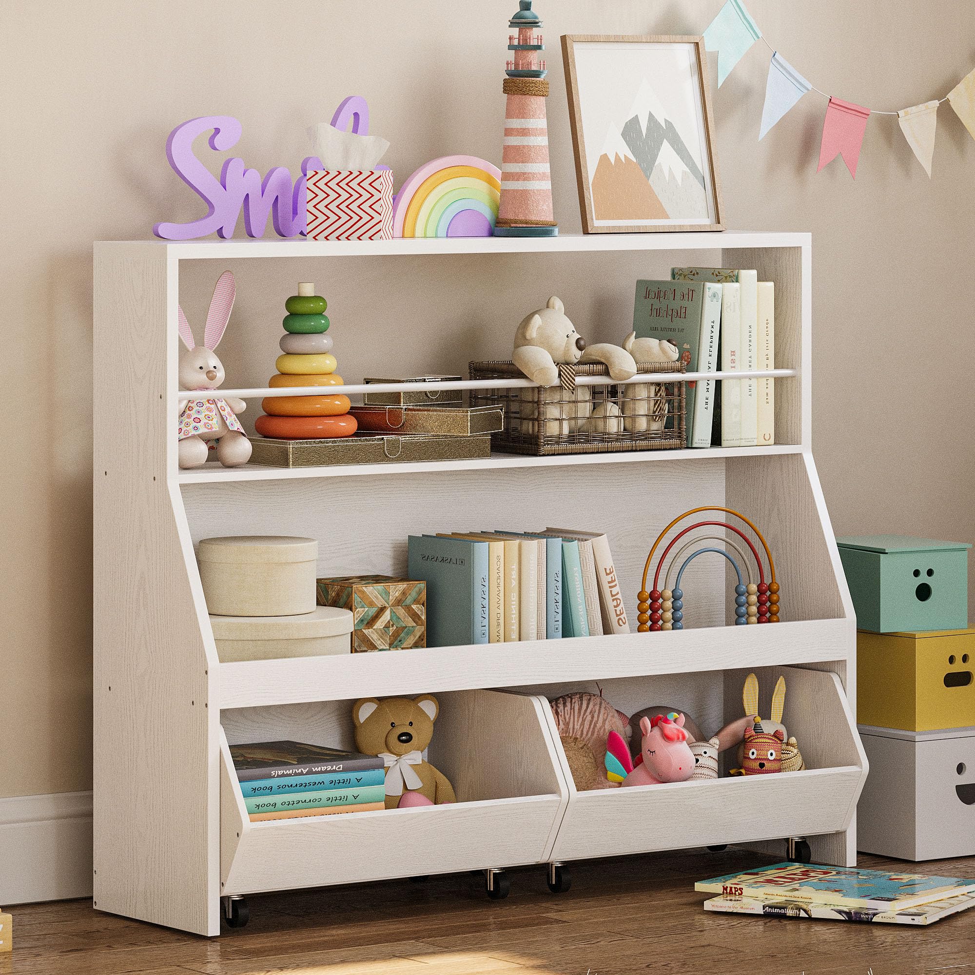 IRONCK Kids Toy Storage Organizer - White Bookshelf with 2 Movable Cubby Drawers & Top Toy Shelf Crossbar - Nursery & Playroom Storage Cabinet for Toys, Books & Kids Room Organization - Perfect for Bedroom, Daycare & Classroom Storage Solutions