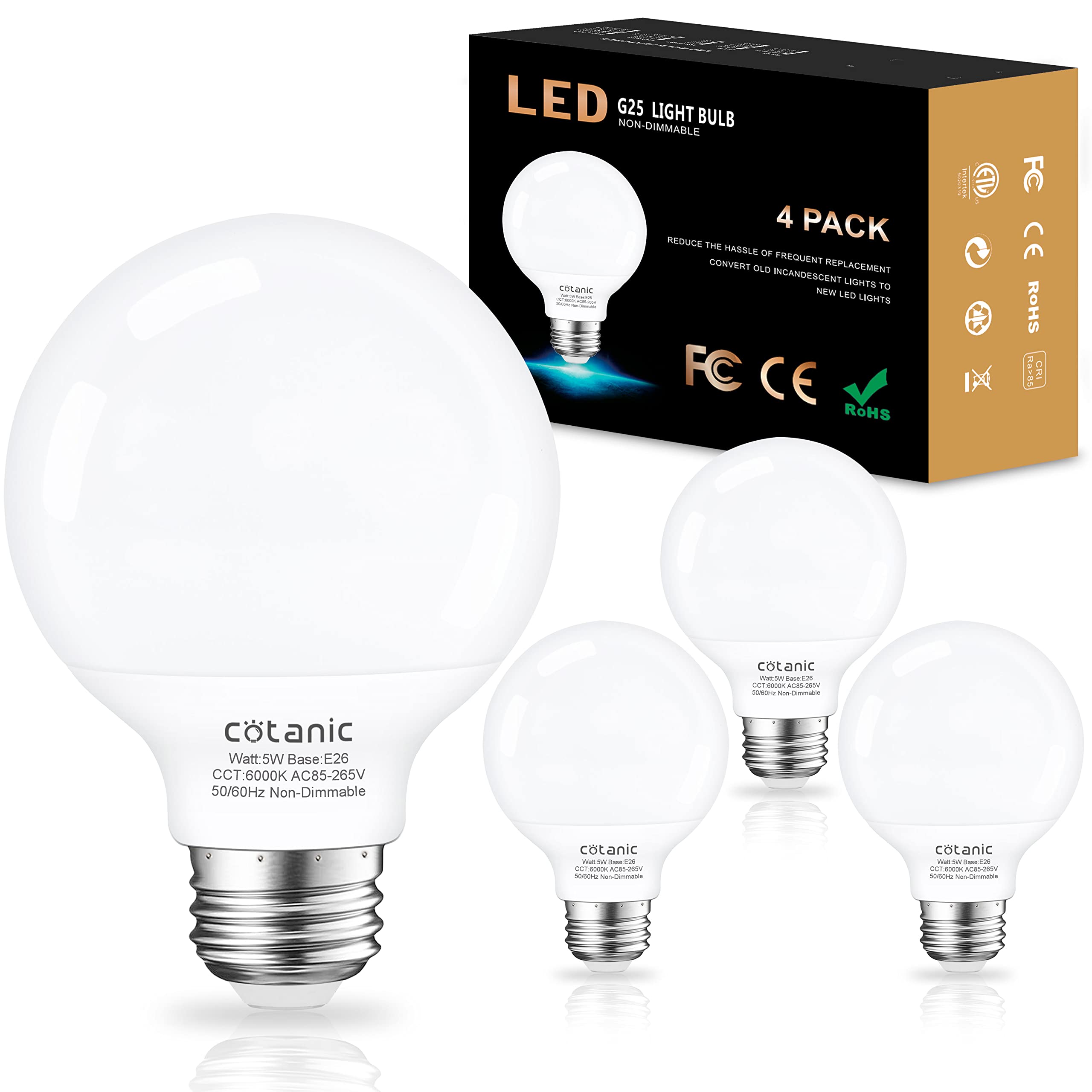 Cotanic G25 Globe Light Bulbs 6000K Daylight White - 4 Pack, E26 Base, 5W (60W Equivalent), 500LM, Non-Dimmable - Perfect for Bathroom Vanity, Dressing Room & Makeup Mirror Lighting