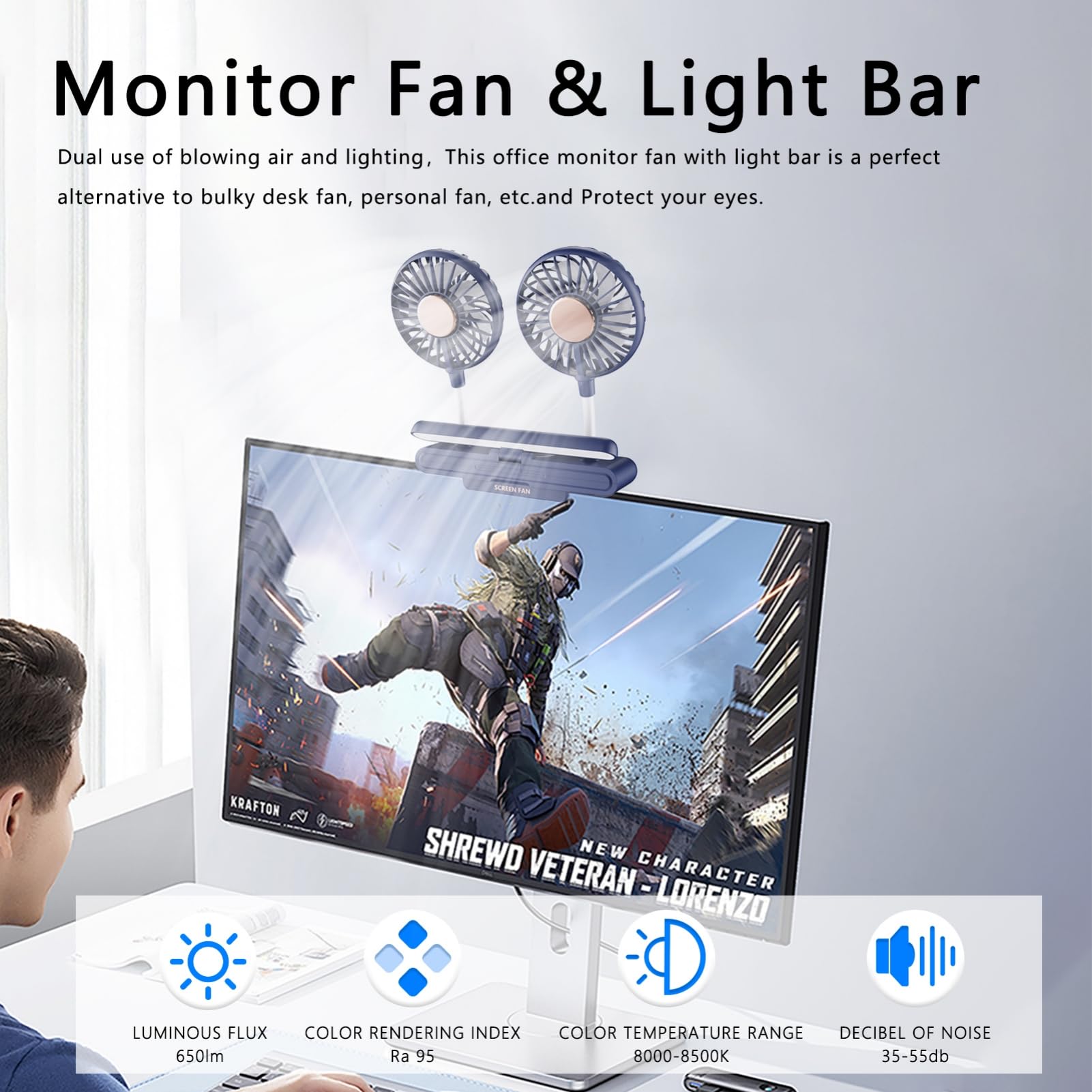 Binguowang 3-in-1 Clip-On Monitor Fan with Eye-Care LED Light & Aroma Diffuser - Portable Cooling Desk Fan, Adjustable Lighting, Quiet Breeze for Office, Gaming, Home & Workspace - Perfect for Computer Desks, Study Rooms & Bedside (Dark Green)