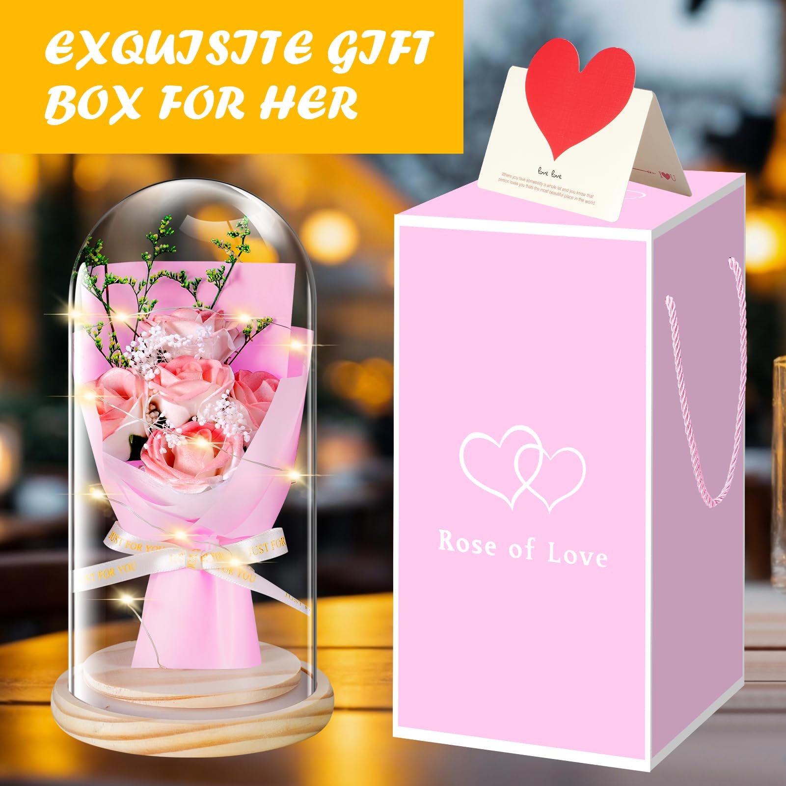 JUNYANG Preserved Rose in Glass Dome with LED Light - Eternal Pink Rose Bouquet Gift for Women, Mothers Day, Birthday, Anniversary - Perfect for Home Decor, Wedding Centerpiece, Romantic Surprise (Pink)