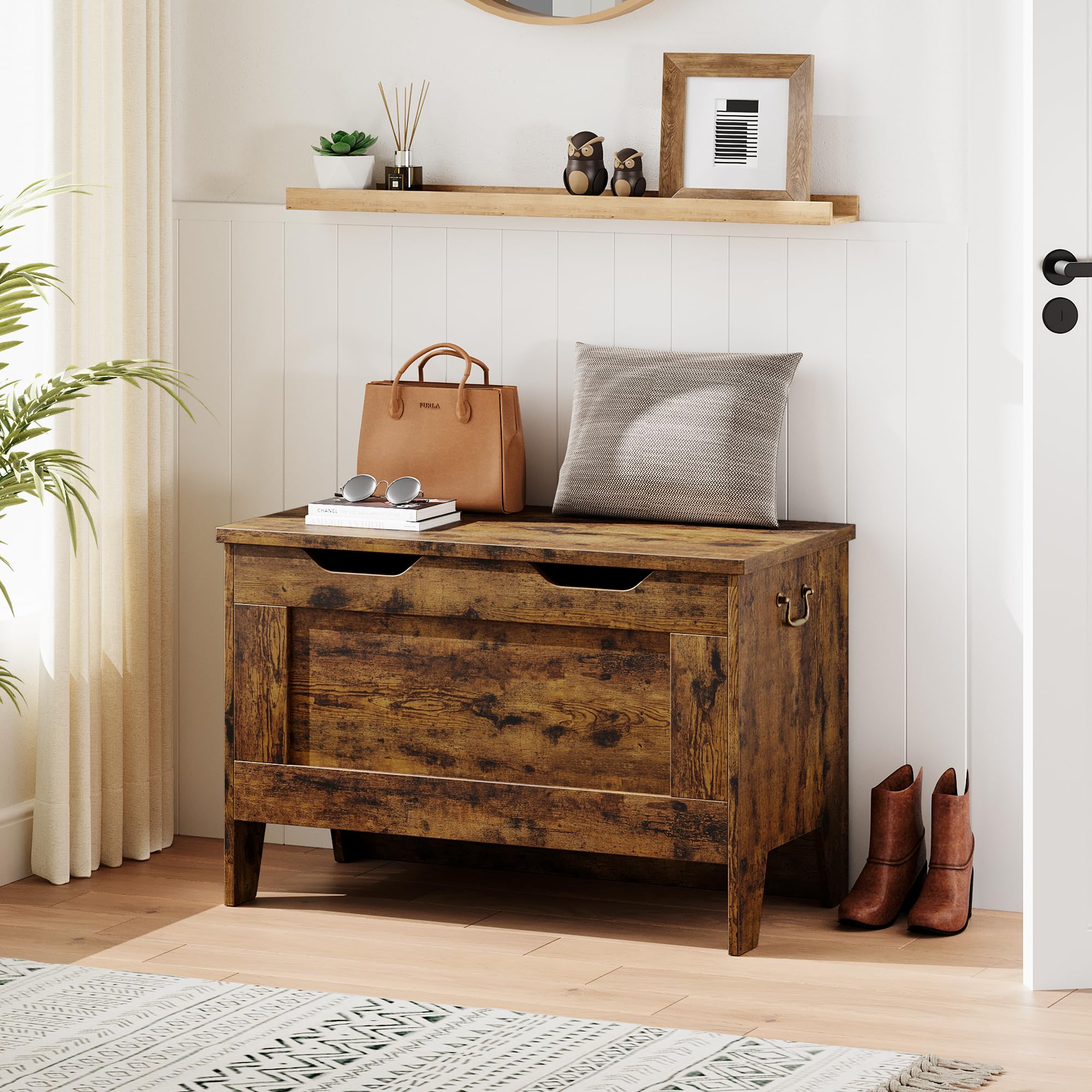GARVEE 30 Inch Wooden Storage Bench with Safety Hinge - Flip Top Entryway Bench with Ample Storage Space - Retro Design MDF Board Bench - 350 lbs Weight Capacity - Perfect for Living Room, Bedroom & Hallway Organization