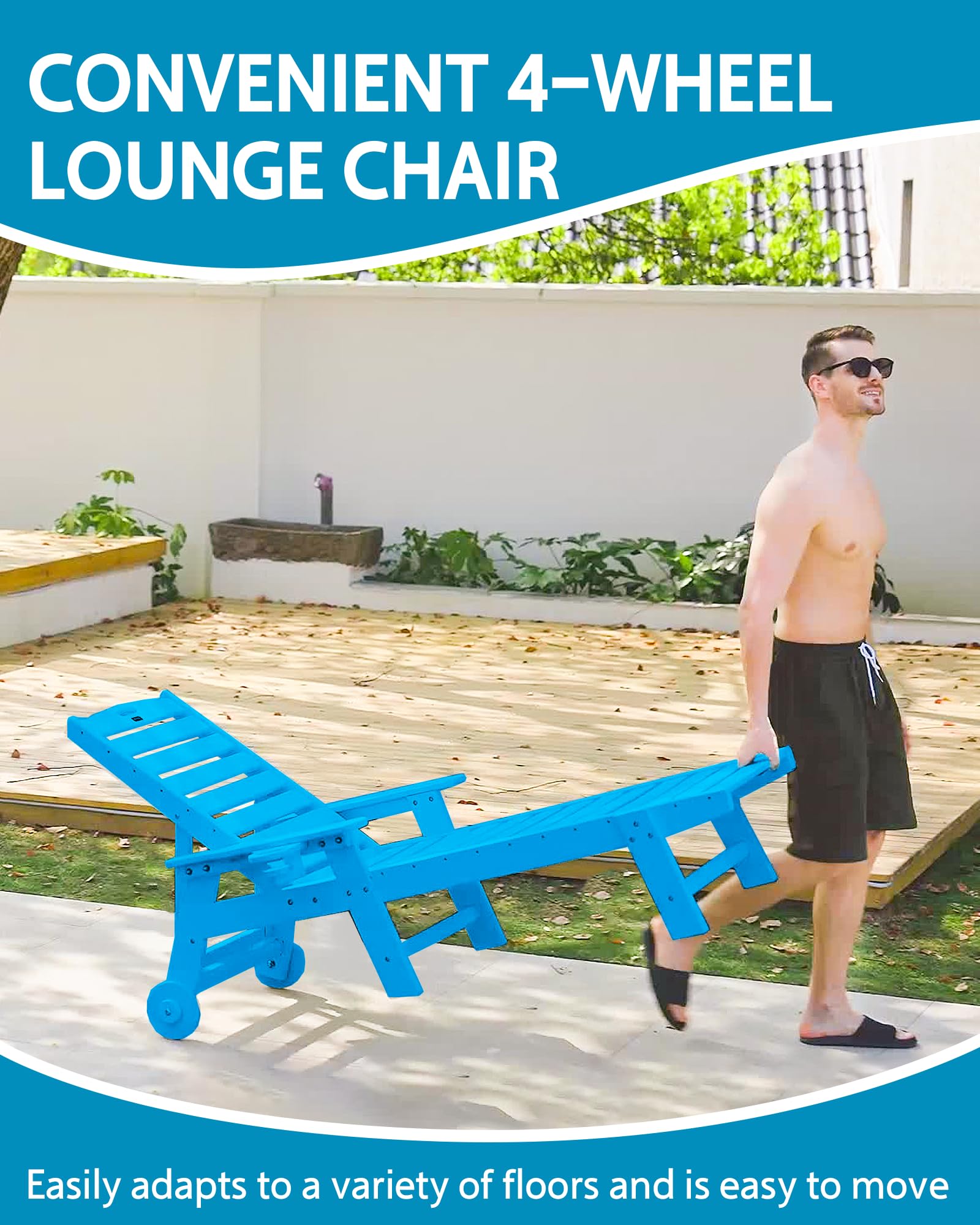 Outdoor Chaise Lounge Chair with Wheels - Oversized Patio Lounge Chair with Wood Texture - 5-Position Adjustable Plastic Sunbed for Poolside, Deck, Beach & Backyard Relaxation (Pacific Blue) - Perfect for Sunbathing, Lounging & Outdoor Leisure