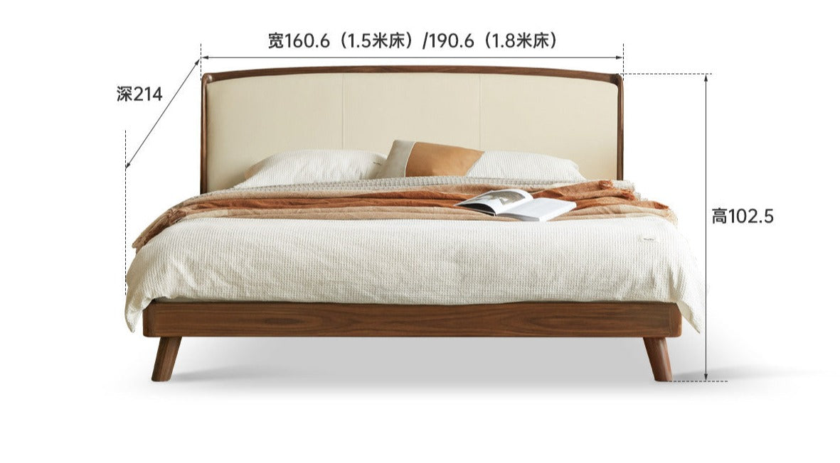 Premium Solid Oak Wood Bed Frame with Genuine Leather Headboard & Tech Fabric Upholstery - Modern Bedroom Furniture for Master Suite, Guest Room, or Apartment