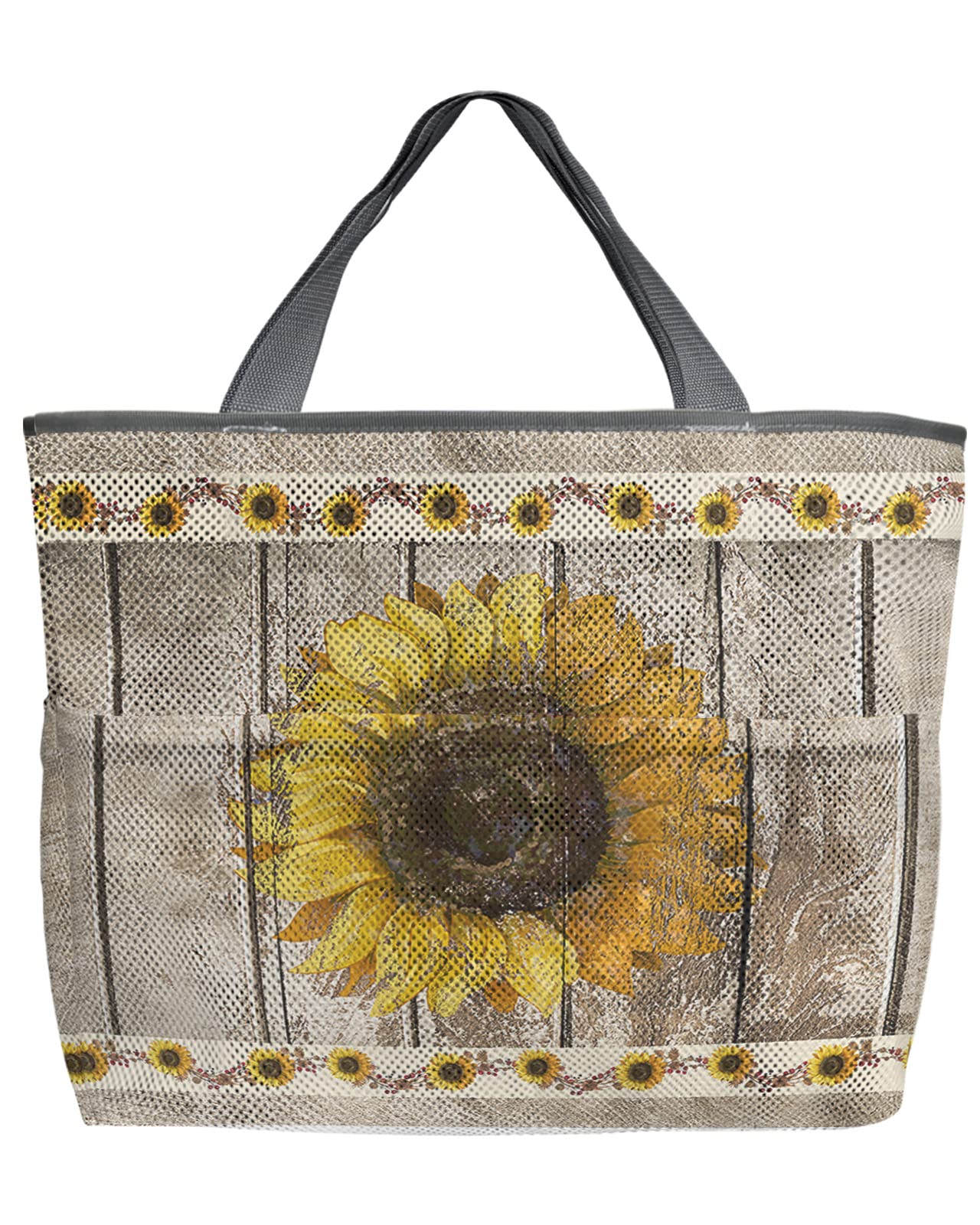 Large 60L Mesh Beach Tote Bag with Pockets - Farmhouse Sunflower & Berry Retro Design - Foldable Lightweight Oversized Tote for Pool, Grocery Shopping & Storage (24x18x8 Inches) - Perfect for Beach Days, Picnics & Summer Travel