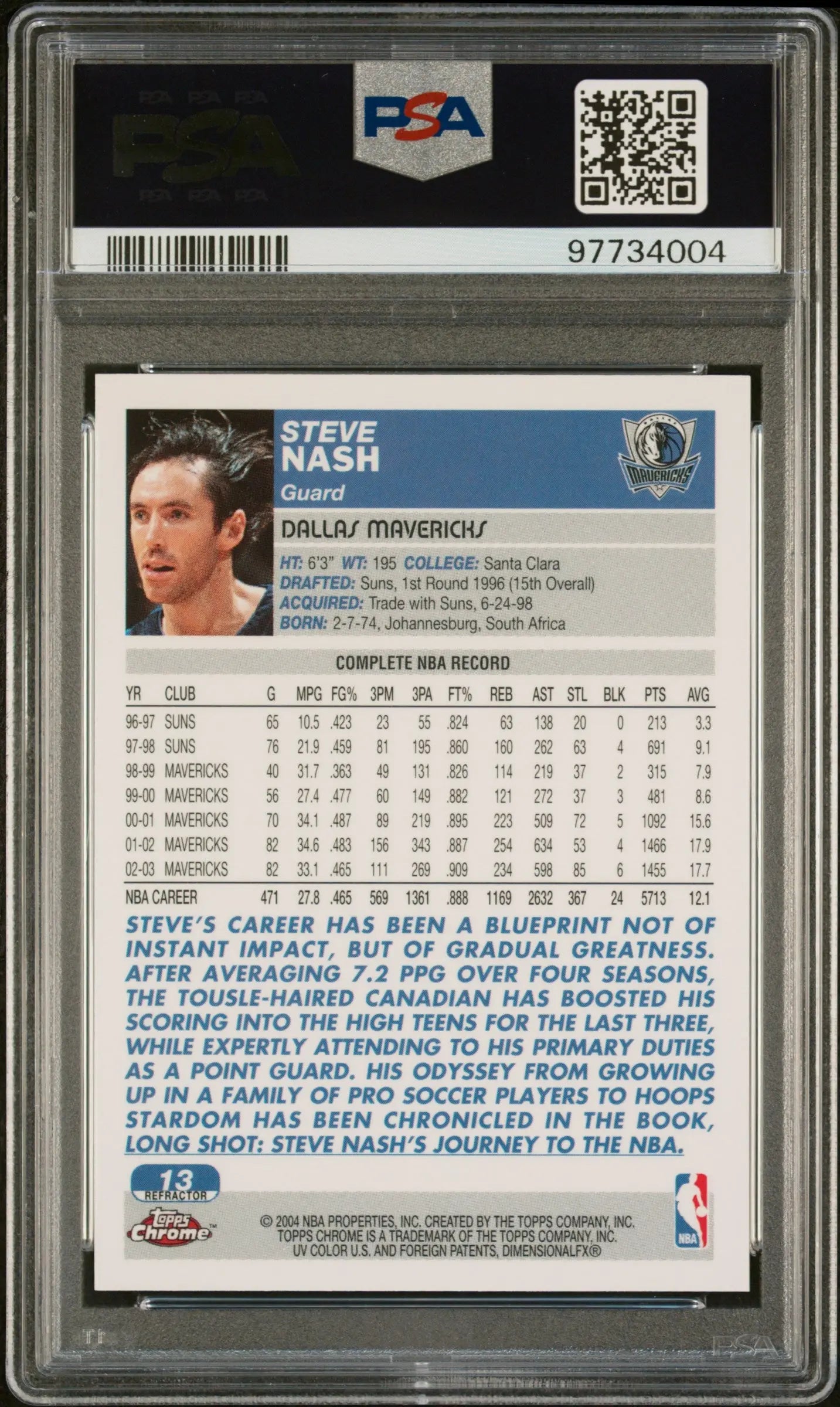 2003 Topps Chrome Basketball Steve Nash Refractor PSA 10 Graded Card - Rare Collectible for NBA Fans & Sports Memorabilia Enthusiasts (Perfect for Display, Investment & Gifting)
