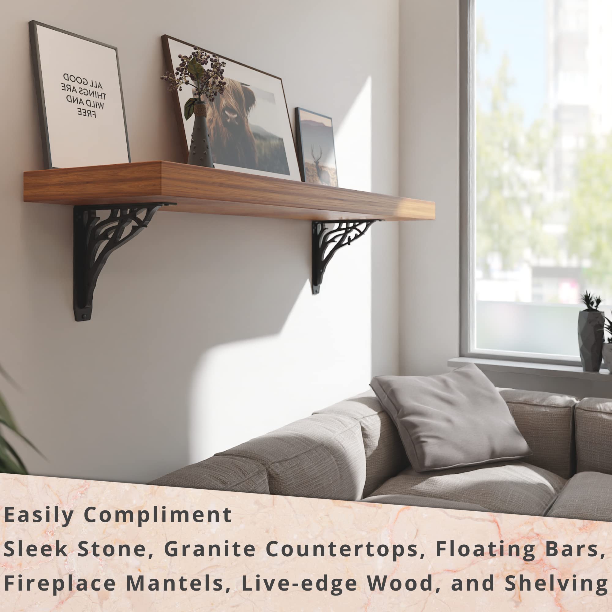 Starby Angel Oak Heavy Duty Shelf Bracket Kit - 10x10 Inch Metal Shelving Brackets (Set of 2) - Decorative Countertop Corbel & Mantel Support with Cast Iron Finish - Perfect for Kitchen Shelves, Bookshelves & Wall Mounting