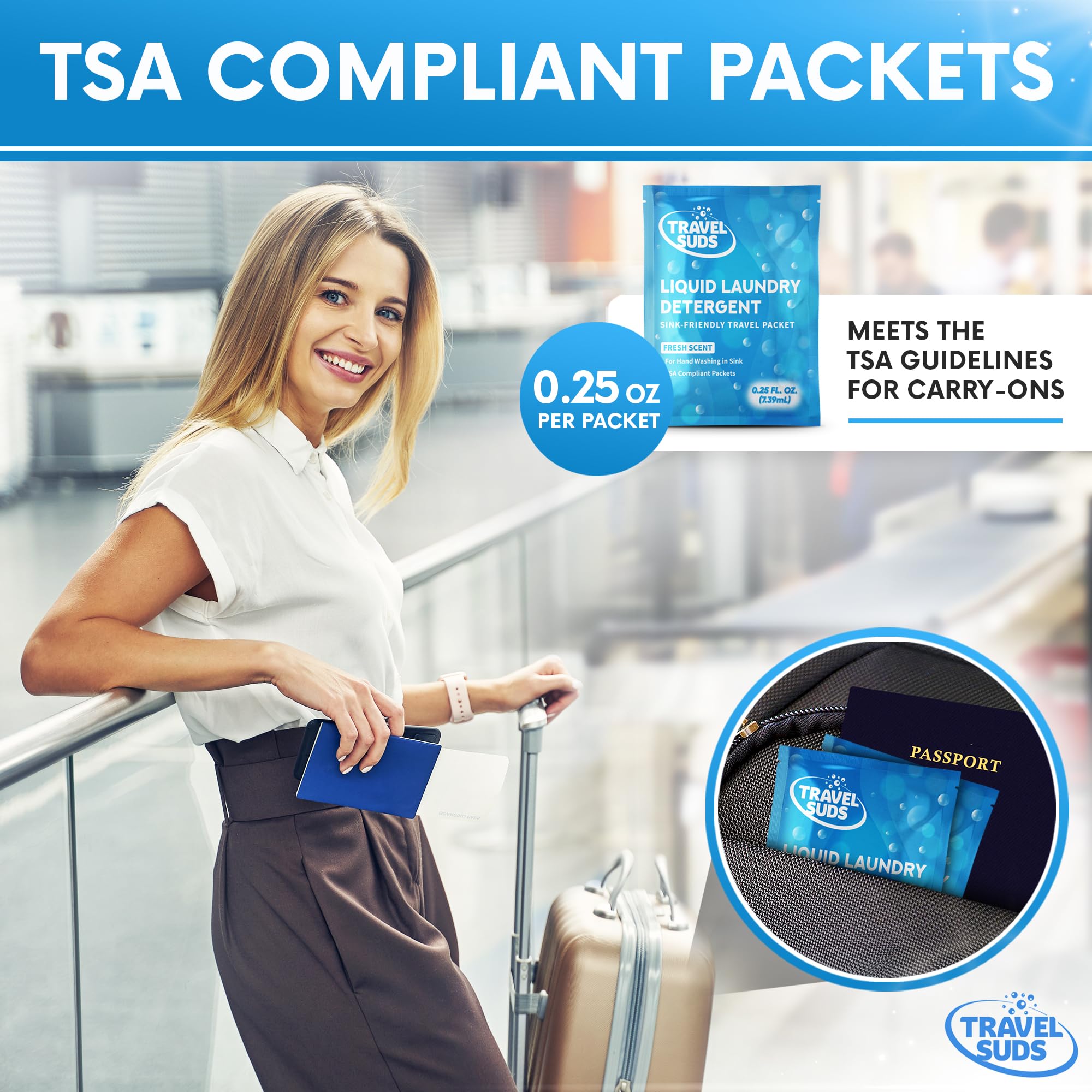 TravelSuds Laundry Detergent Packets (20 Pack) - Eco-Friendly Travel Detergent for Hand Washing in Sink | Includes Free Sink Stopper | Perfect for Camping, Backpacking & Hotel Stays