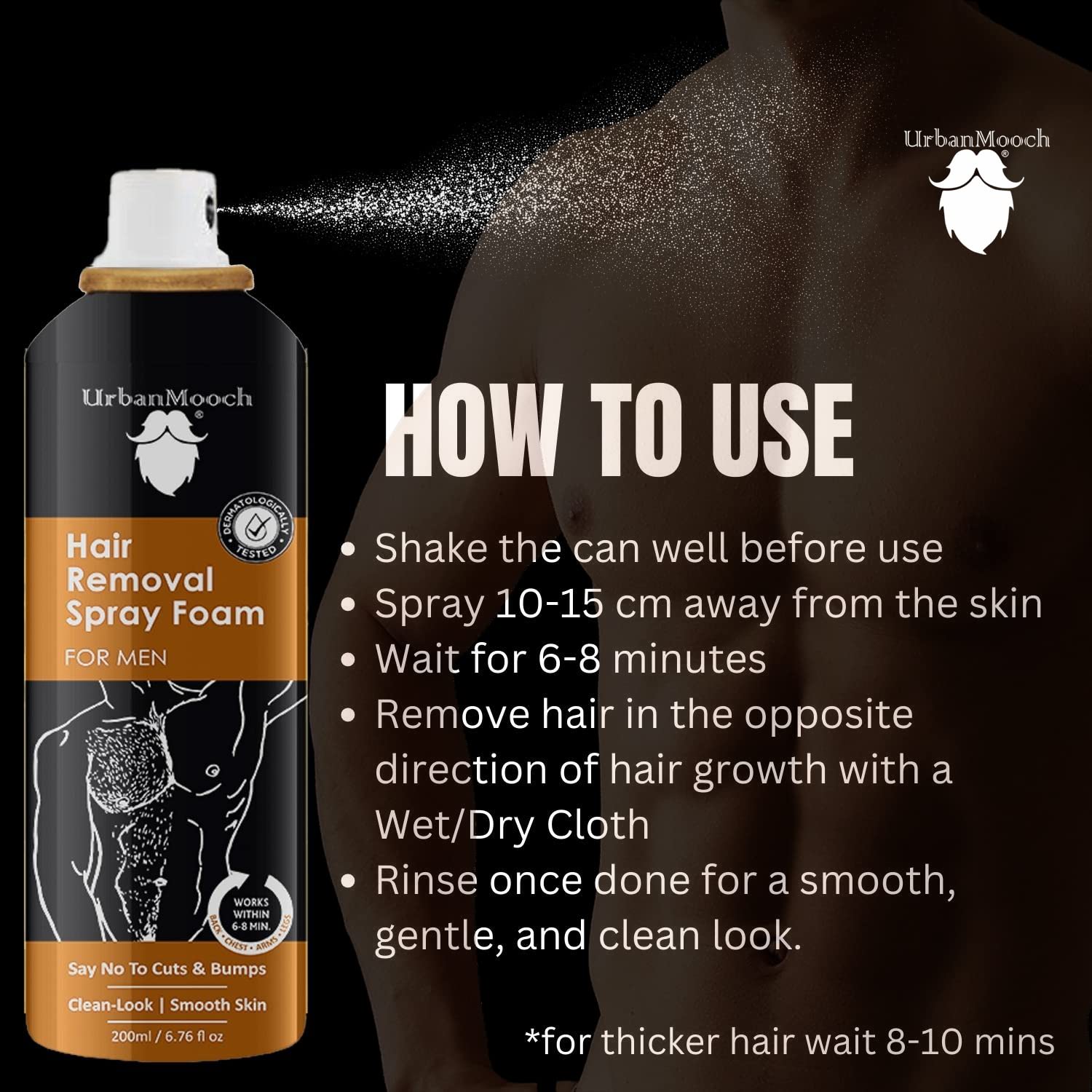 UrbanMooch Painless Hair Removal Cream Spray for Men - 200ml | Fast & Effective Hair Remover for Chest, Arms, Legs & Underarms | Gentle Depilatory Spray for Smooth Skin | Perfect for Pre-Workout, Beach & Summer Prep