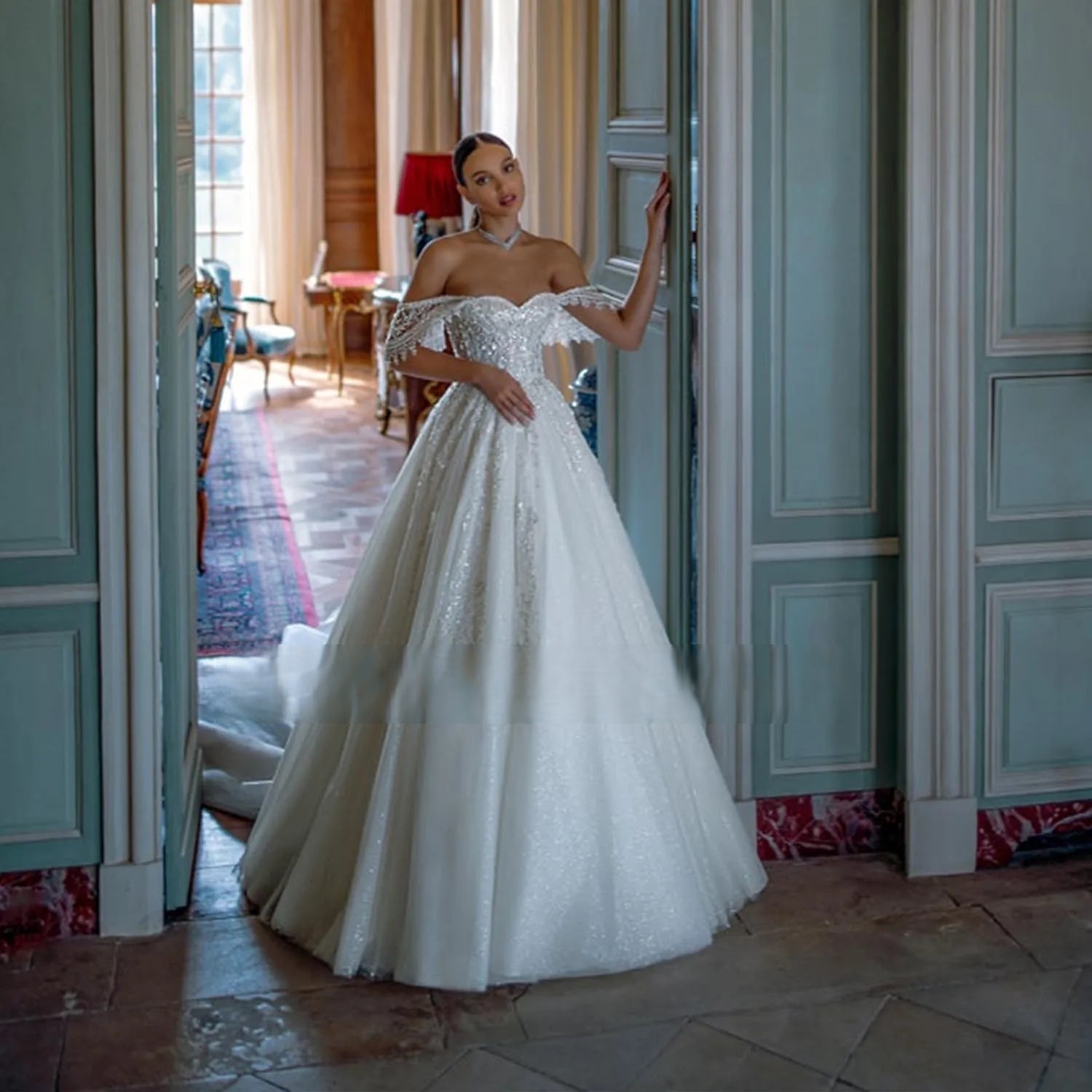 Elegant Off-the-Shoulder Tulle A-Line Wedding Dress with Beading Appliques - Luxury Backless Bridal Gown for Beach, Church & Garden Weddings